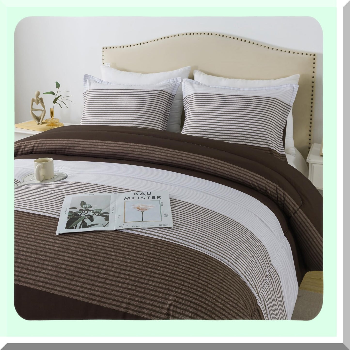 Brown Stripe Patchwork Comforter Set - Queen Size (90x90 Inch) - 3 Piece Soft Microfiber Down Alternative Bedding with Corner Loops - Cozy Bedroom Decor