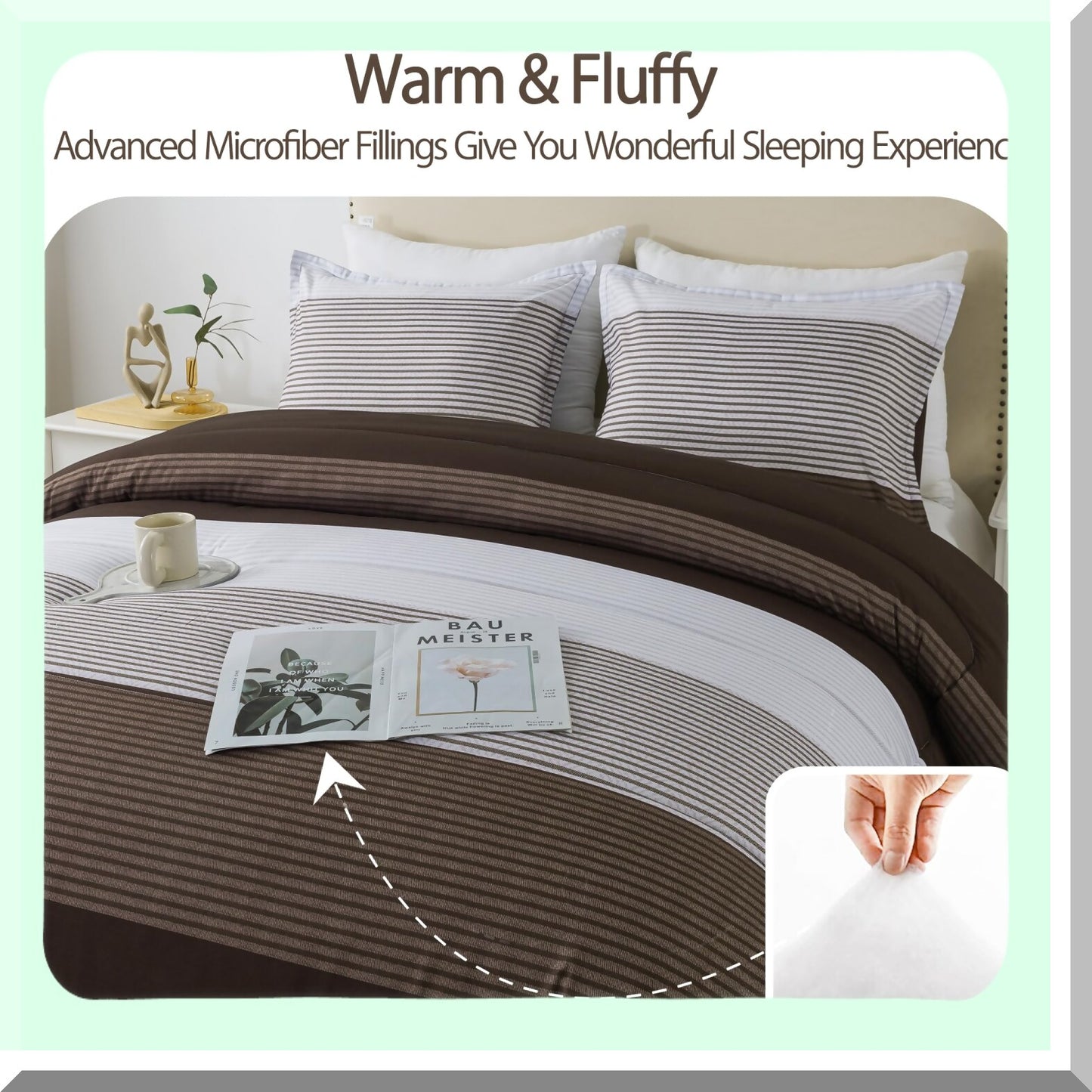 Brown Stripe Patchwork Comforter Set - Queen Size (90x90 Inch) - 3 Piece Soft Microfiber Down Alternative Bedding with Corner Loops - Cozy Bedroom Decor