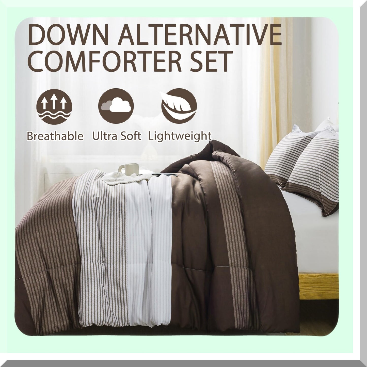 Brown Stripe Patchwork Comforter Set - Queen Size (90x90 Inch) - 3 Piece Soft Microfiber Down Alternative Bedding with Corner Loops - Cozy Bedroom Decor
