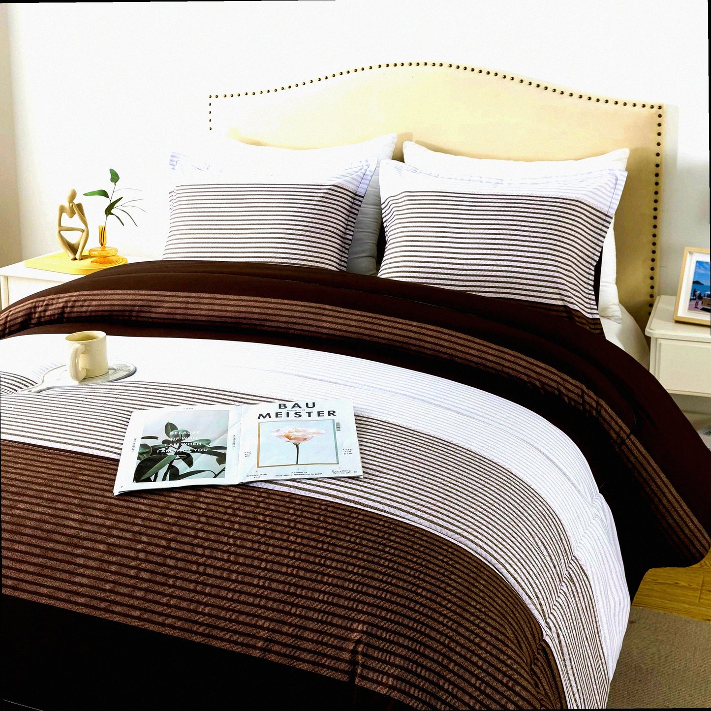 Brown Stripe Patchwork Comforter Set - Queen Size (90x90 Inch) - 3 Piece Soft Microfiber Down Alternative Bedding with Corner Loops - Cozy Bedroom Decor