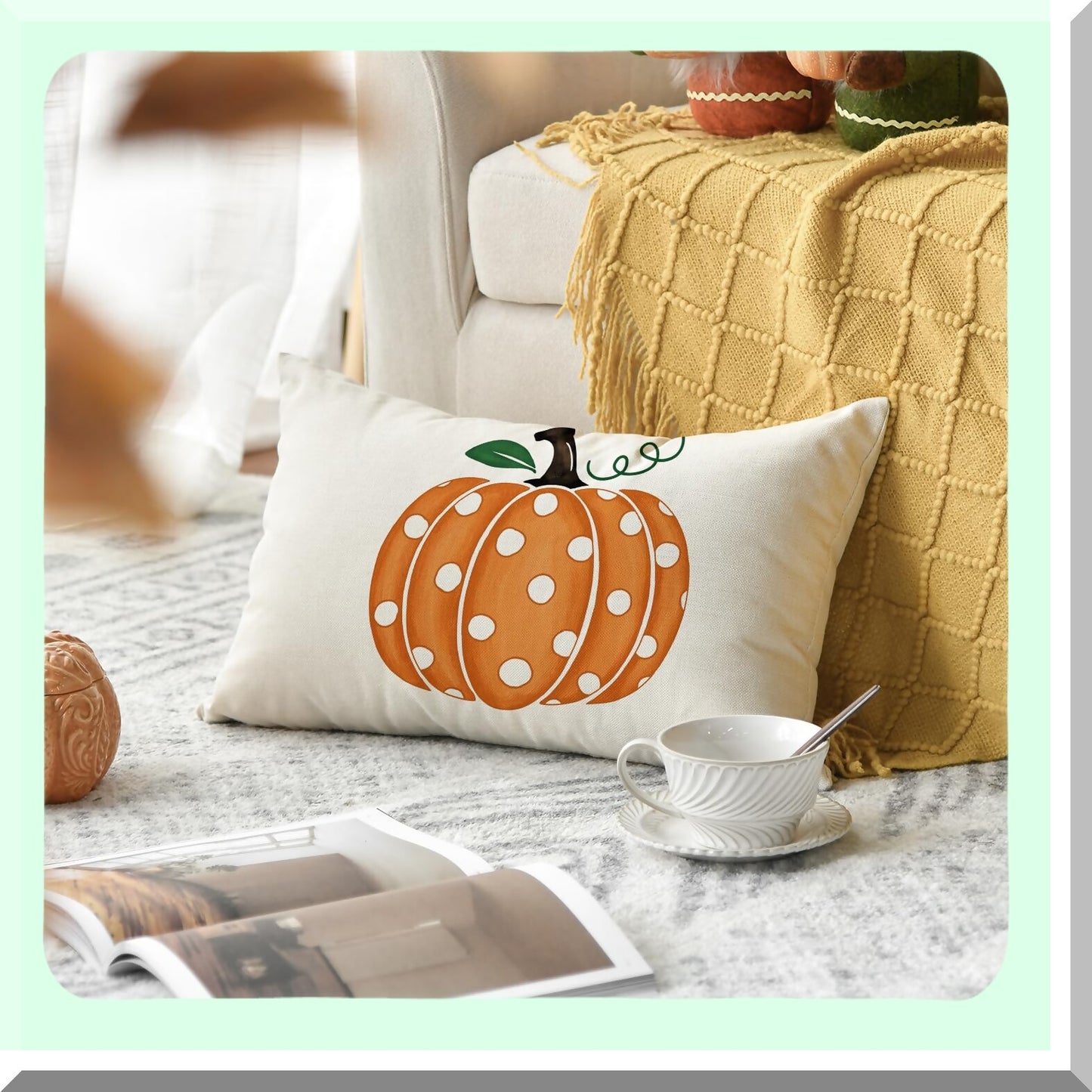 Autumn Harvest Polka Dots Throw Pillow Cover - Fall Seasonal Decor for Home Sofa Couch - Thanksgiving Pumpkin Design - 12x20 Inch