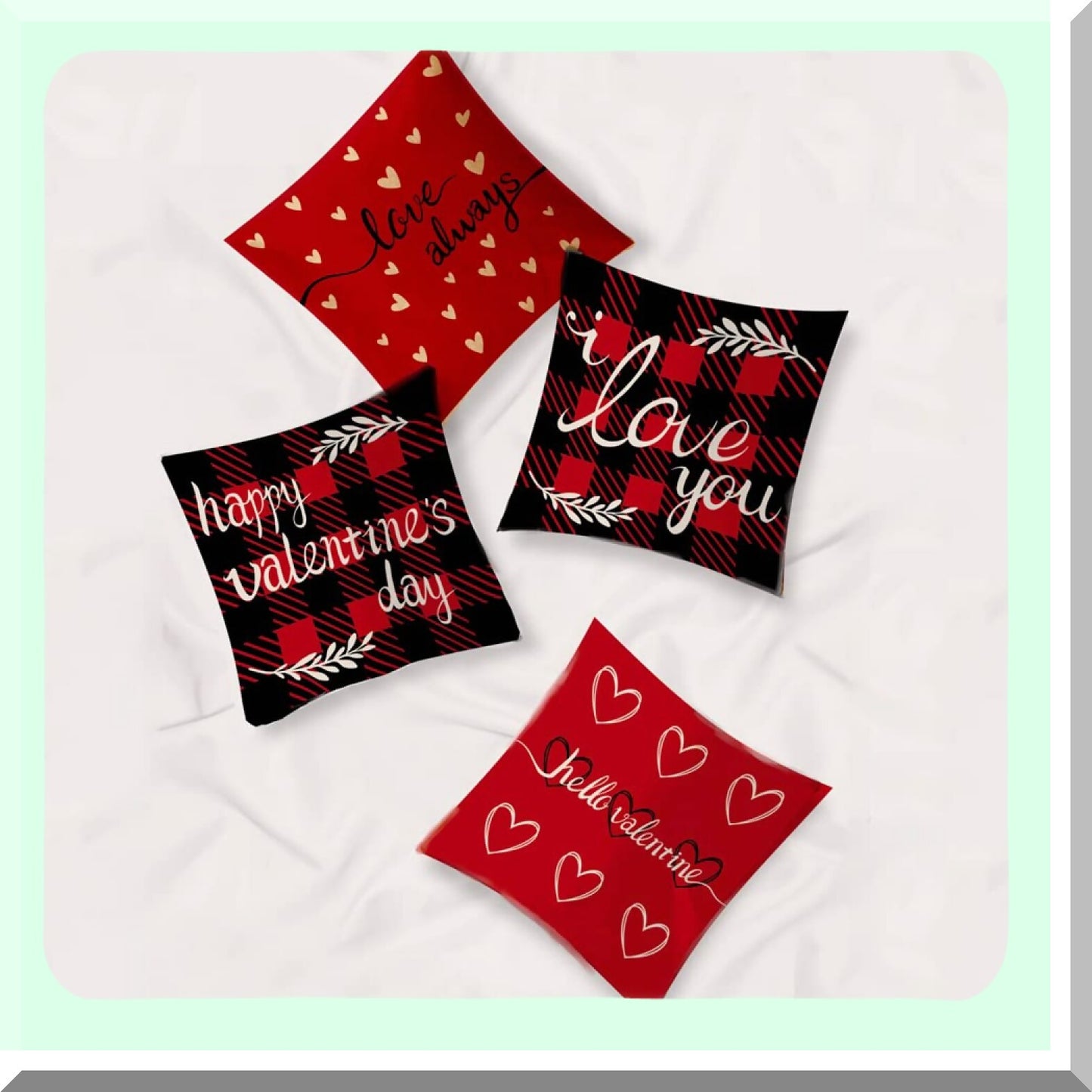 Love Heart Bliss Pillow Covers - Set of 4 Red Valentine's Day Throw Pillow Cases for Home Outdoor Sofa Couch Cushions. Perfect for Wedding Anniversary Gifts!