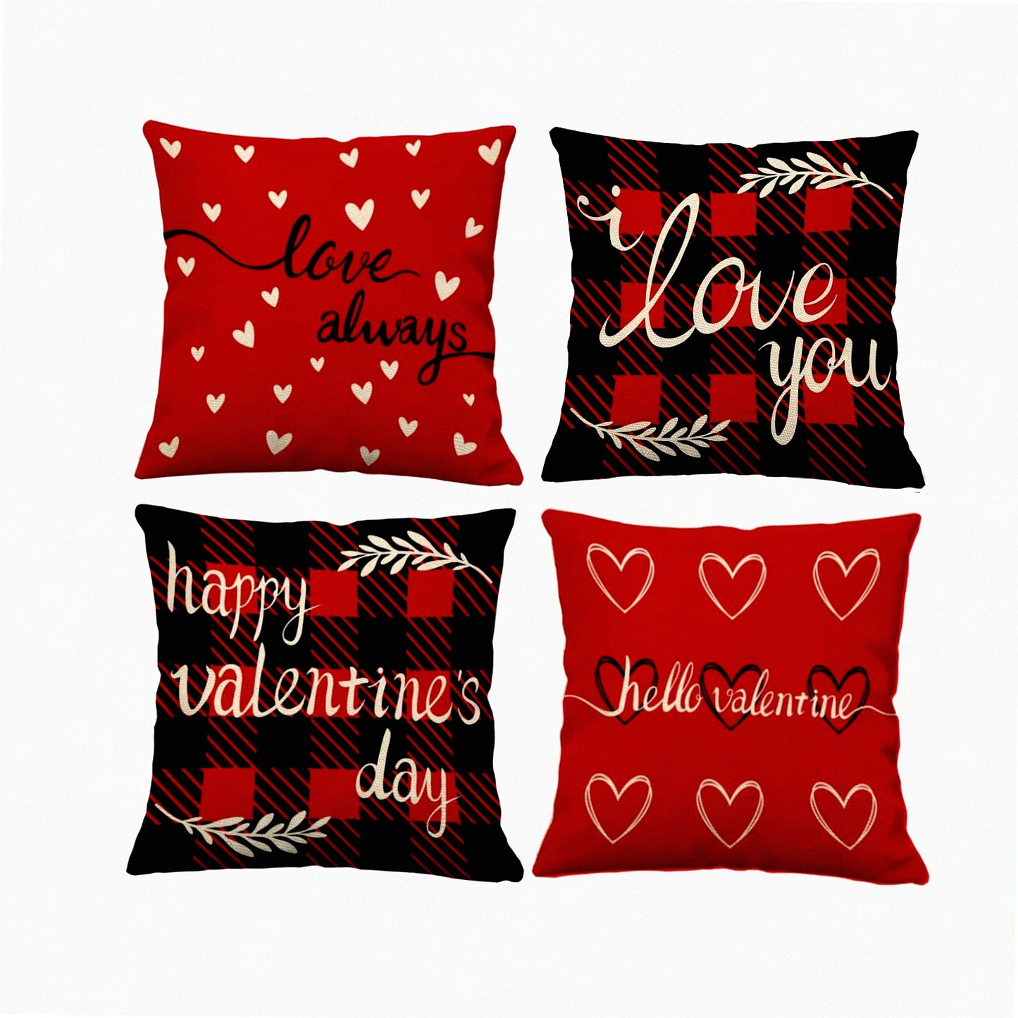 Love Heart Bliss Pillow Covers - Set of 4 Red Valentine's Day Throw Pillow Cases for Home Outdoor Sofa Couch Cushions. Perfect for Wedding Anniversary Gifts!