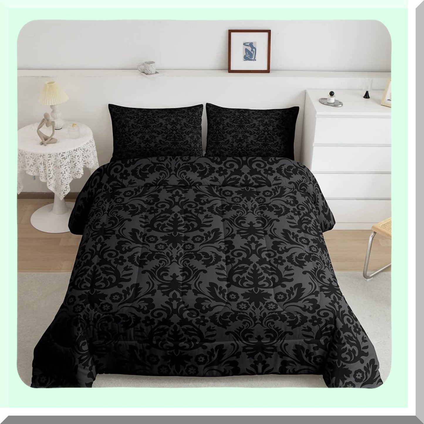 Victorian Gothic Black Damask Comforter Set - Queen Size Bedding with Vintage Floral Design, Bohemian Exotic Quilted Decor and 2 Pillow Cases for Adults