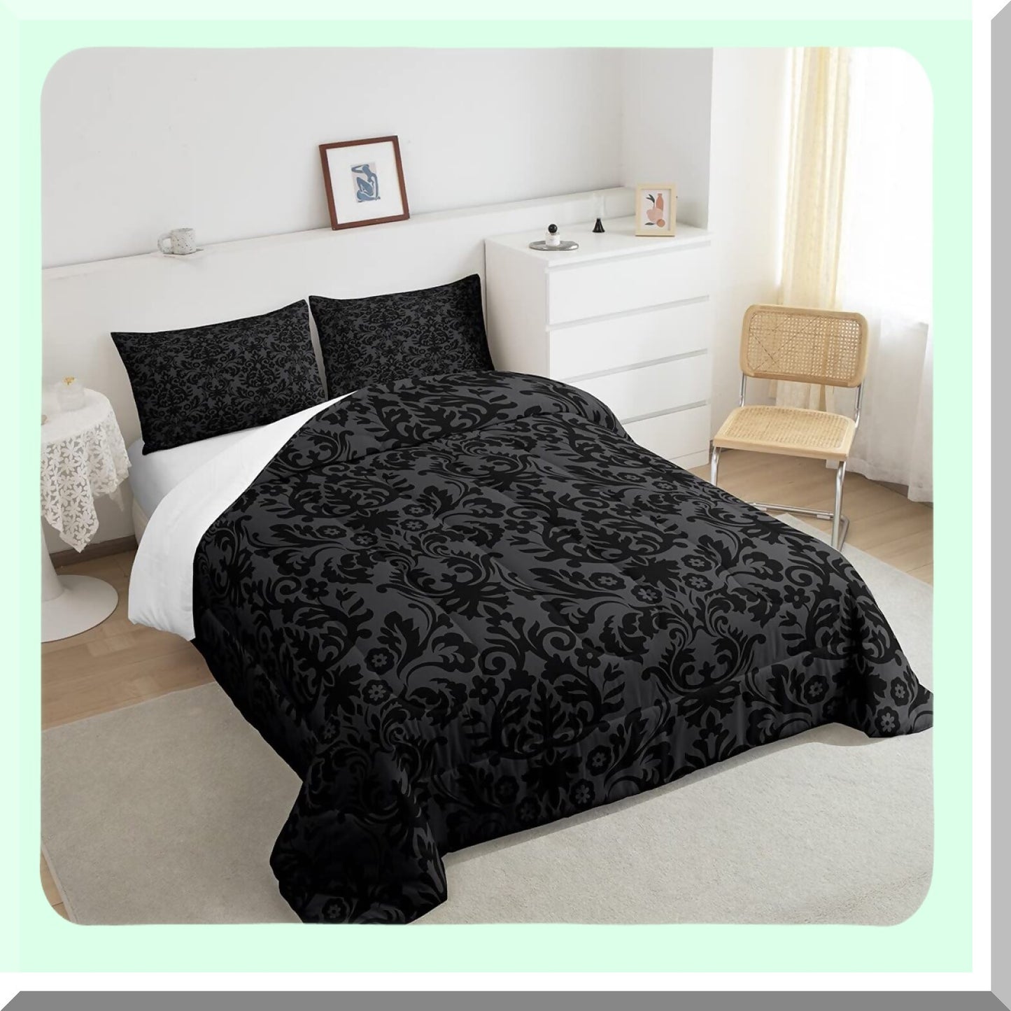 Victorian Gothic Black Damask Comforter Set - Queen Size Bedding with Vintage Floral Design, Bohemian Exotic Quilted Decor and 2 Pillow Cases for Adults