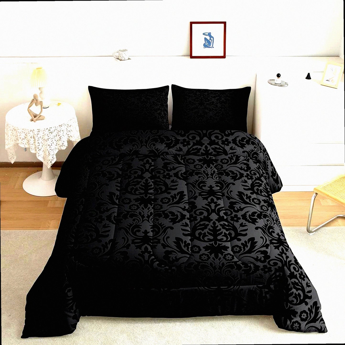 Victorian Gothic Black Damask Comforter Set - Queen Size Bedding with Vintage Floral Design, Bohemian Exotic Quilted Decor and 2 Pillow Cases for Adults