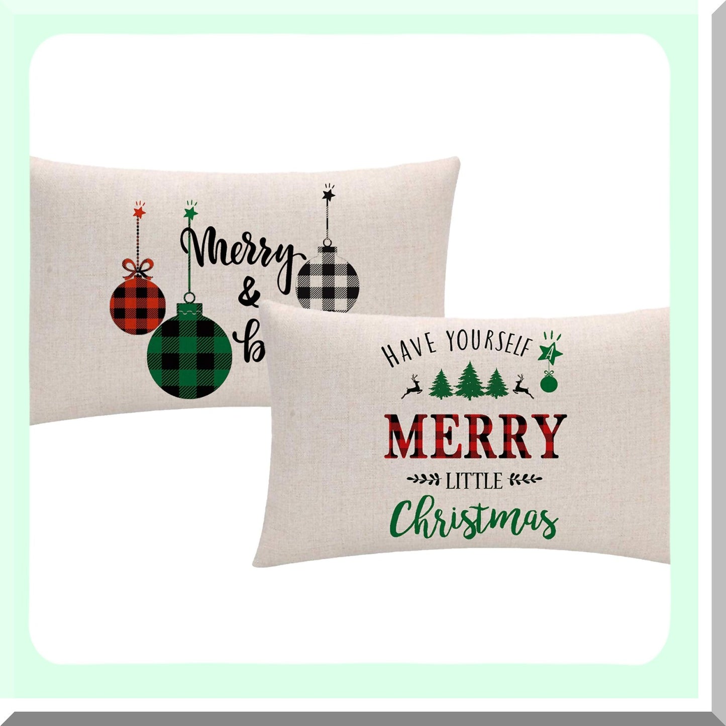 Holiday Plaid Xmas Trees Pillow Covers - Set of 2, 12x20 Inches, Red Black Green Buffalo Check, Decorative Rectangular Cushion Cases for Couch/Sofa