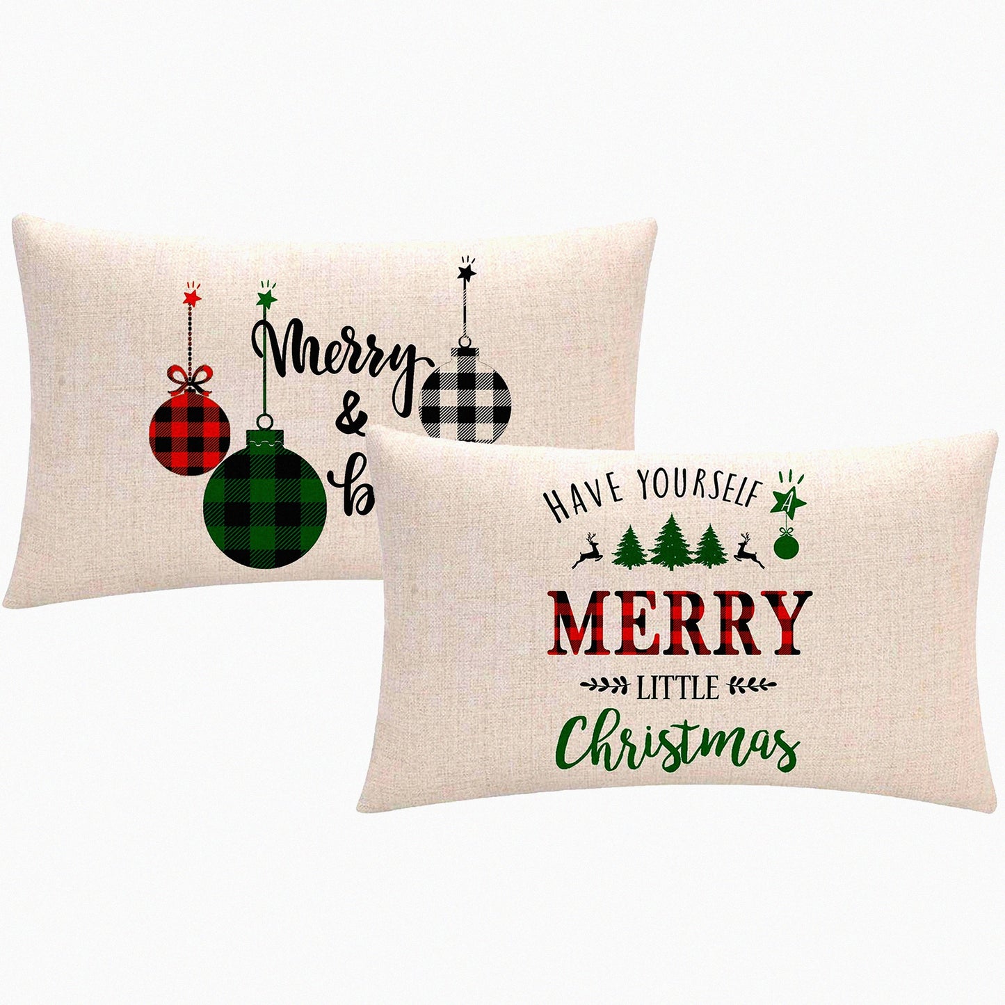 Holiday Plaid Xmas Trees Pillow Covers - Set of 2, 12x20 Inches, Red Black Green Buffalo Check, Decorative Rectangular Cushion Cases for Couch/Sofa