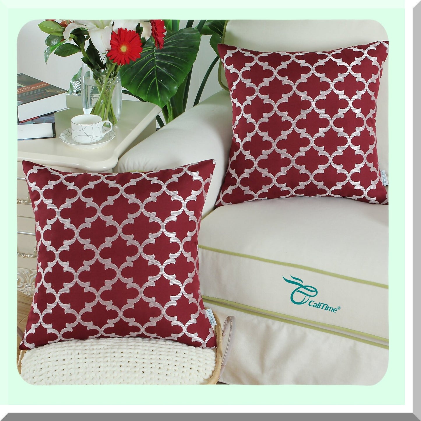 Burgundy Geometric Trellis Throw Pillow Covers - Set of 2 | Modern Home Decor Cases for Couch Sofa - Soft 18 X 18 Inches
