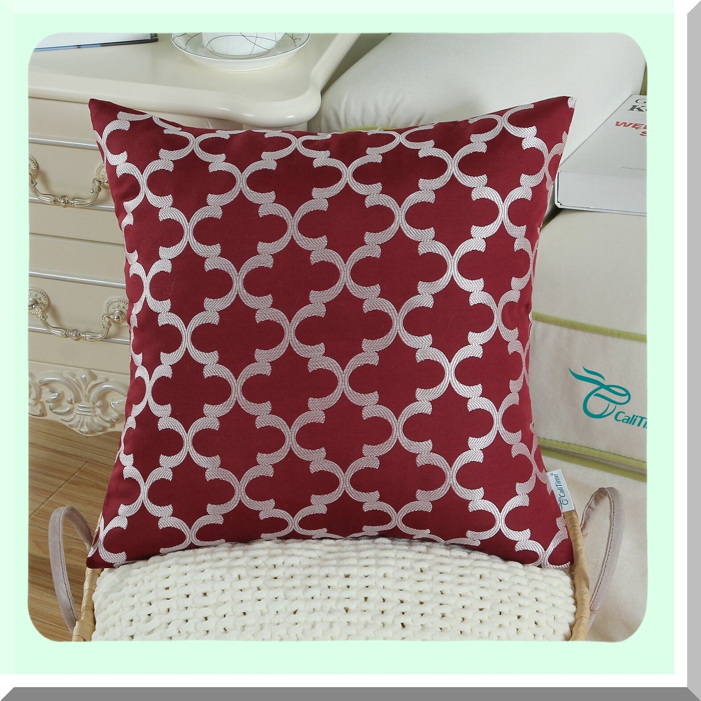Burgundy Geometric Trellis Throw Pillow Covers - Set of 2 | Modern Home Decor Cases for Couch Sofa - Soft 18 X 18 Inches