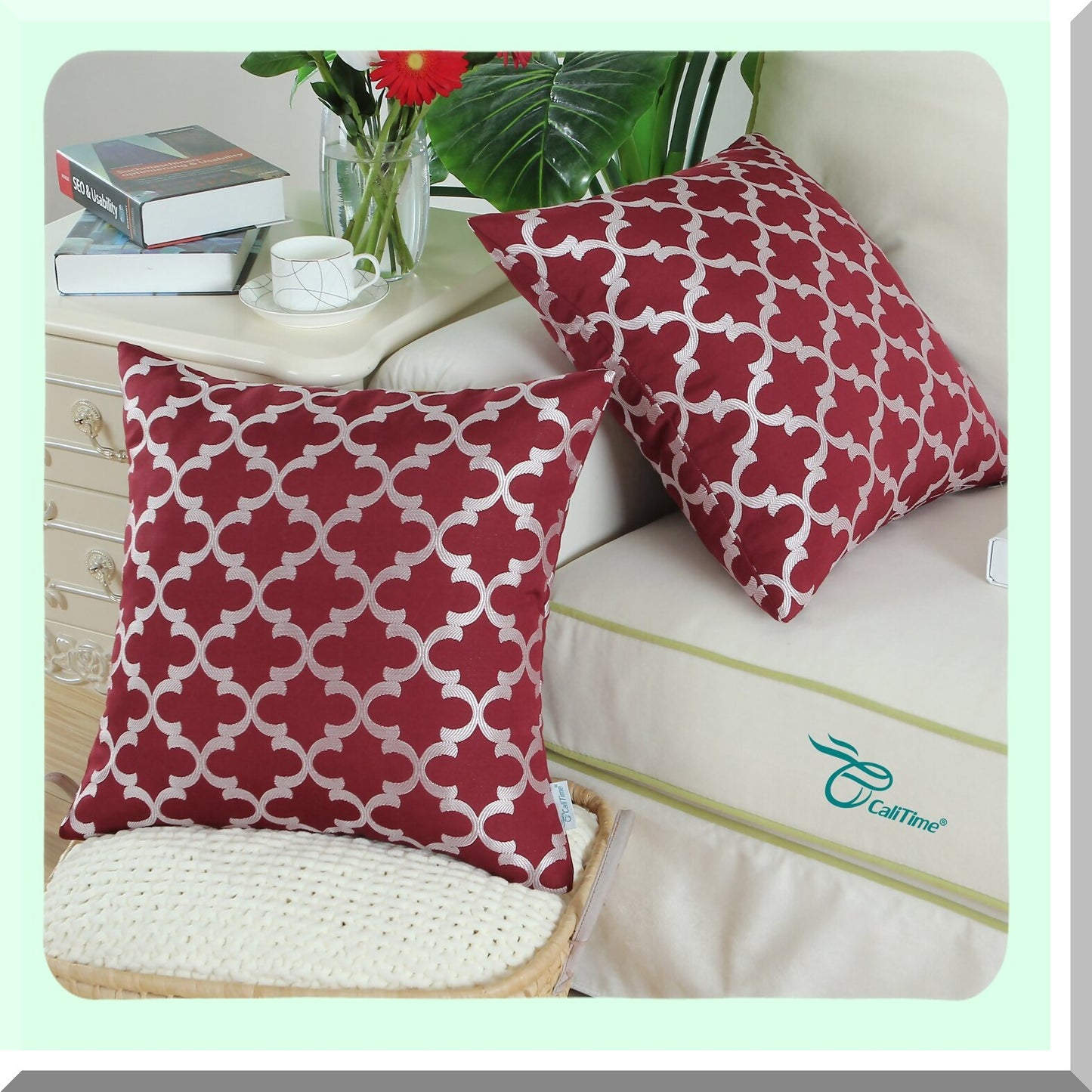 Burgundy Geometric Trellis Throw Pillow Covers - Set of 2 | Modern Home Decor Cases for Couch Sofa - Soft 18 X 18 Inches