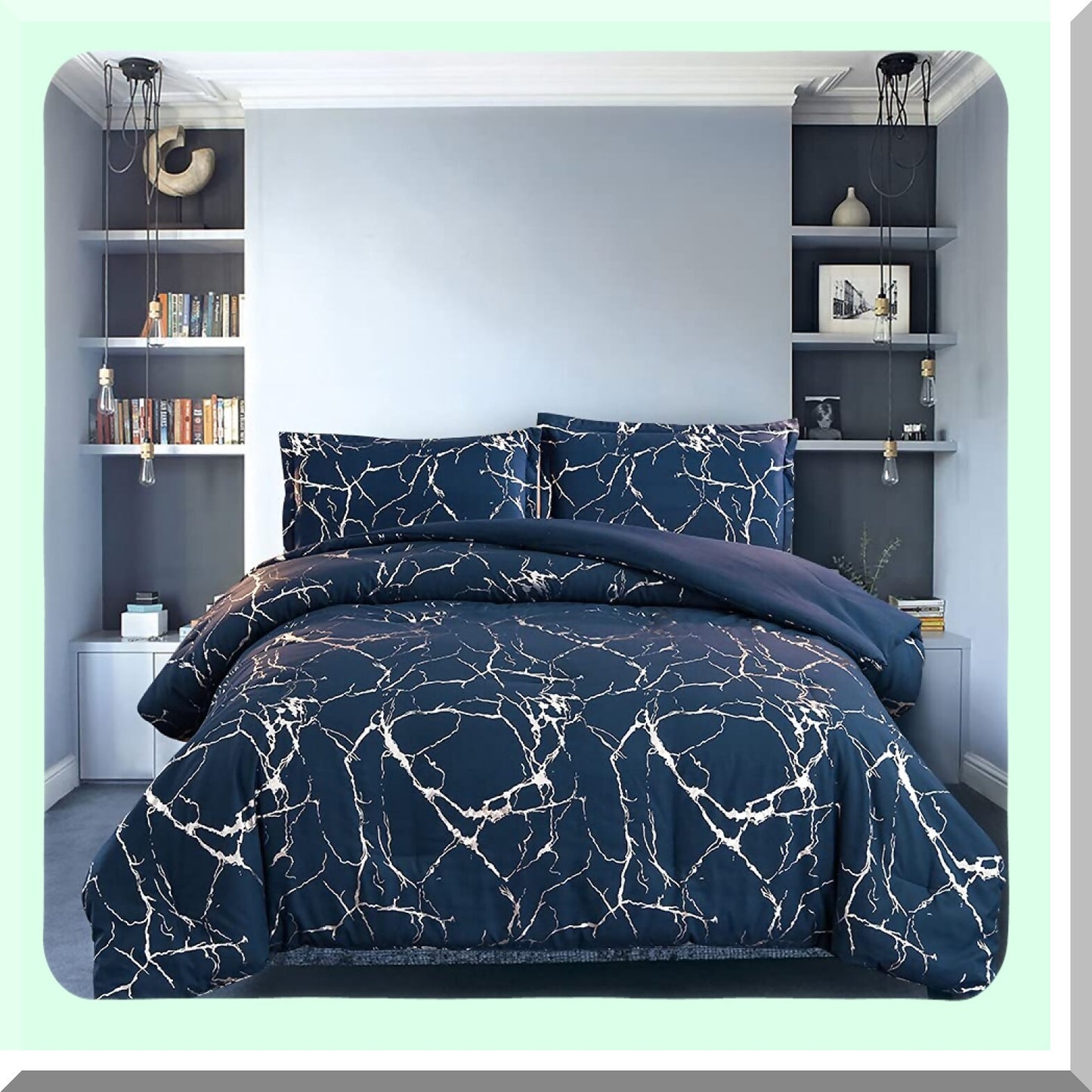Glittering Silver Marble Comforter Set - California King Size - Metallic Blue/Silver F Print Bedding Set - Luxurious and Stylish - California Dreamin'