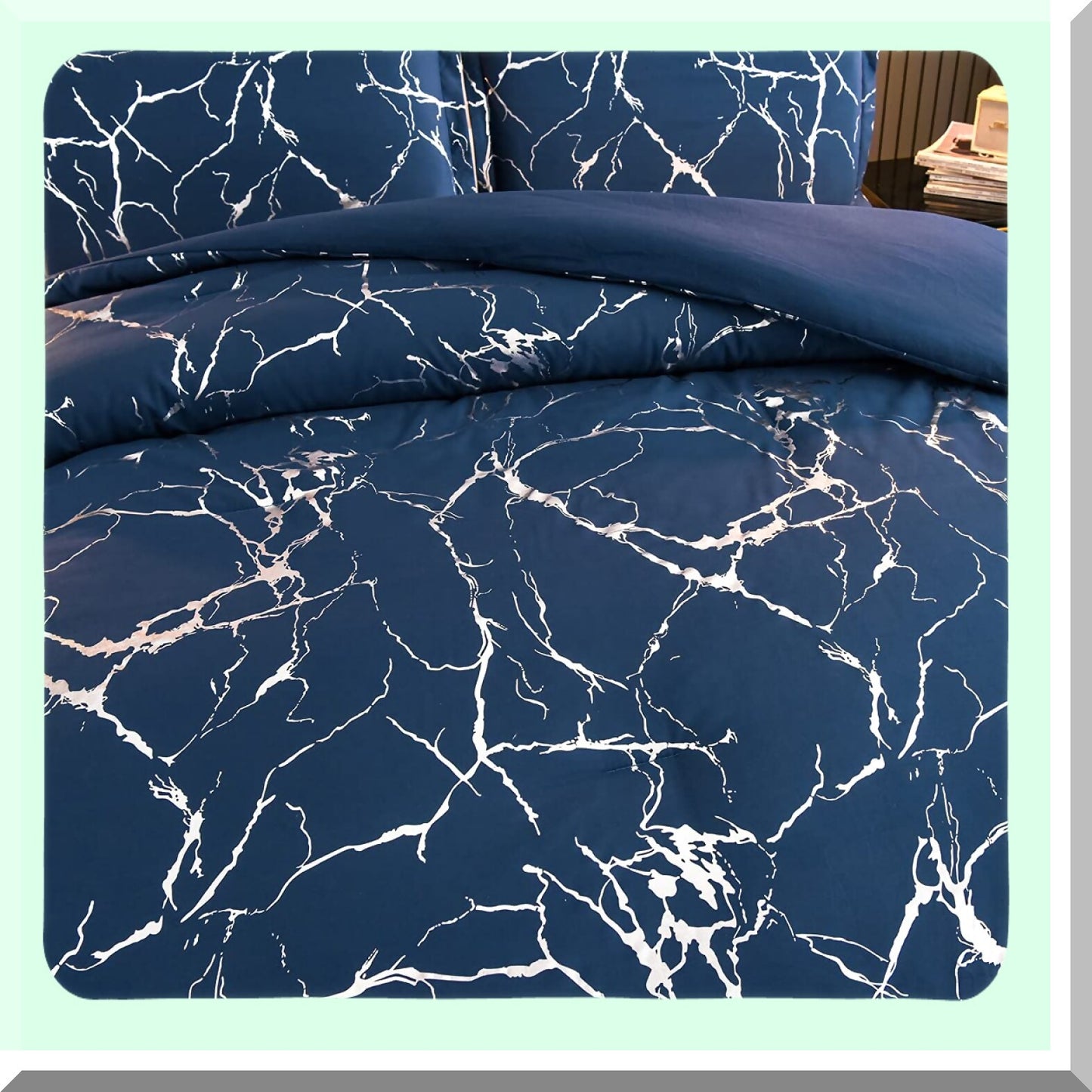 Glittering Silver Marble Comforter Set - California King Size - Metallic Blue/Silver F Print Bedding Set - Luxurious and Stylish - California Dreamin'