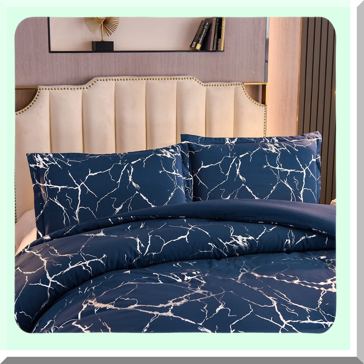 Glittering Silver Marble Comforter Set - California King Size - Metallic Blue/Silver F Print Bedding Set - Luxurious and Stylish - California Dreamin'