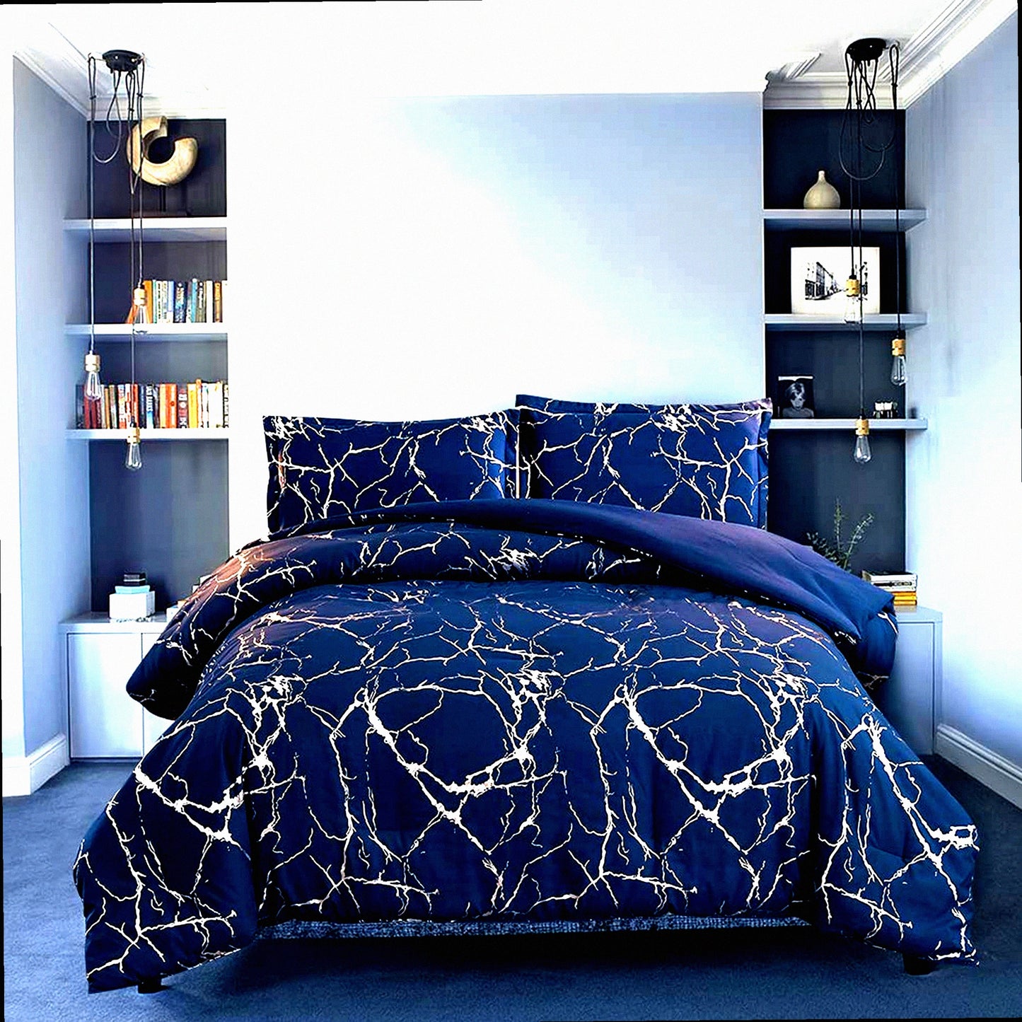 Glittering Silver Marble Comforter Set - California King Size - Metallic Blue/Silver F Print Bedding Set - Luxurious and Stylish - California Dreamin'