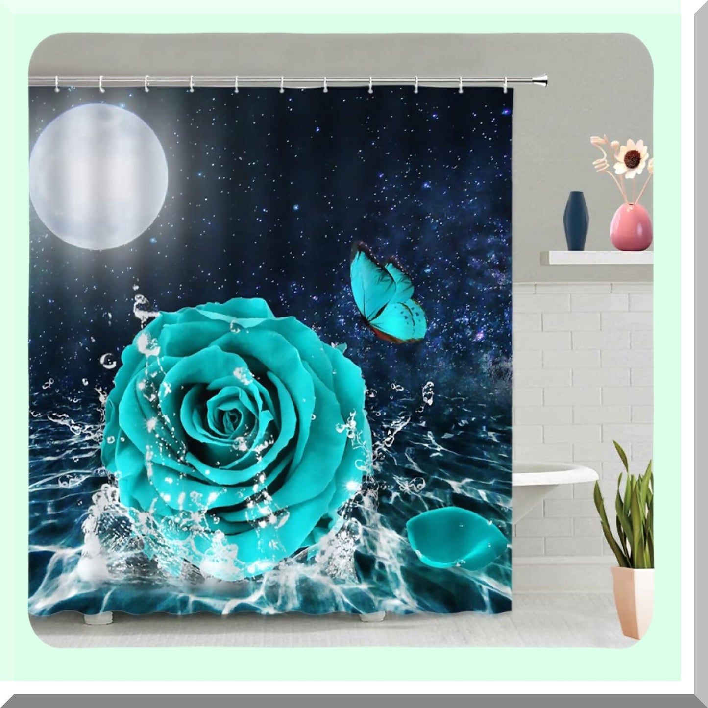 Teal Rose Floral Shower Curtain 70x70 Inch