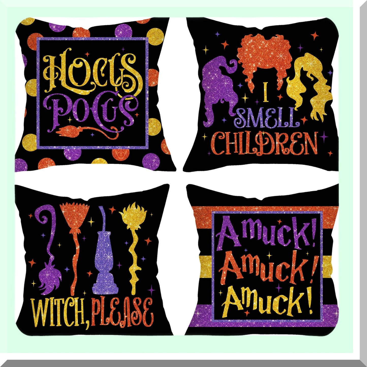 Fall Magic Polka Dot Pillow Covers - Set of 4, Halloween Outdoor Decor, Black Purple Holiday Cushion Cases - 16 x 16 Sofa Couch Home Decor