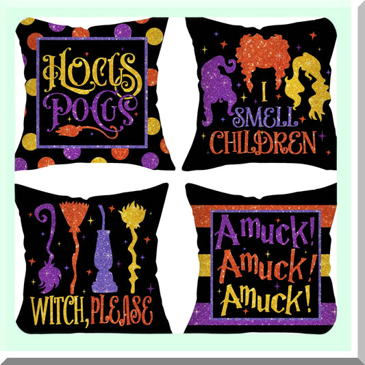 Fall Magic Polka Dot Pillow Covers - Set of 4, Halloween Outdoor Decor, Black Purple Holiday Cushion Cases - 16 x 16 Sofa Couch Home Decor