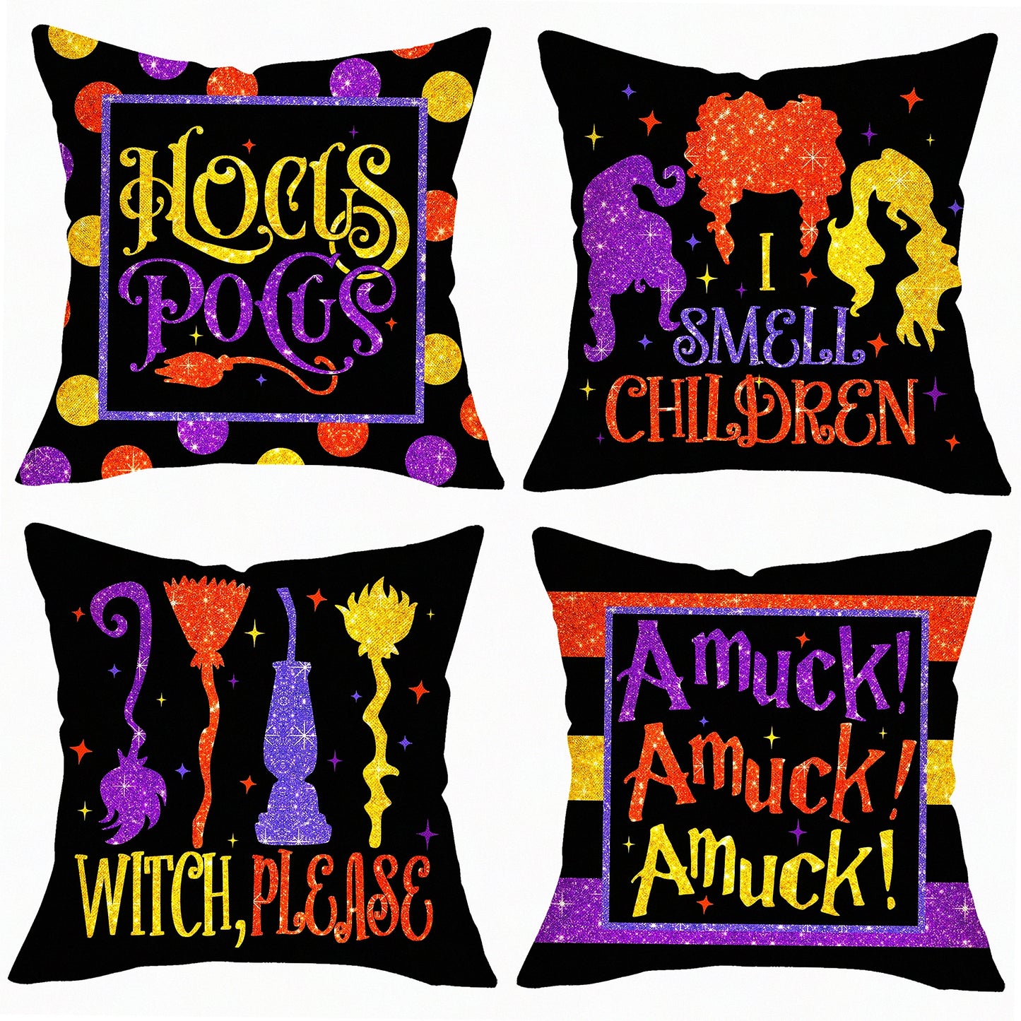 Fall Magic Polka Dot Pillow Covers - Set of 4, Halloween Outdoor Decor, Black Purple Holiday Cushion Cases - 16 x 16 Sofa Couch Home Decor