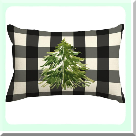 Winter Wonderland Buffalo Plaid Lumbar Pillow Covers - Set of 2 | Farmhouse Holiday Decorative Cushion Cases | Black & White Tree Design for Couch or Sofa | 12x20 Inch Cozy Home Accessories