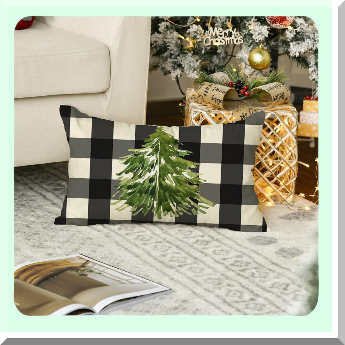 Winter Wonderland Buffalo Plaid Lumbar Pillow Covers - Set of 2 | Farmhouse Holiday Decorative Cushion Cases | Black & White Tree Design for Couch or Sofa | 12x20 Inch Cozy Home Accessories