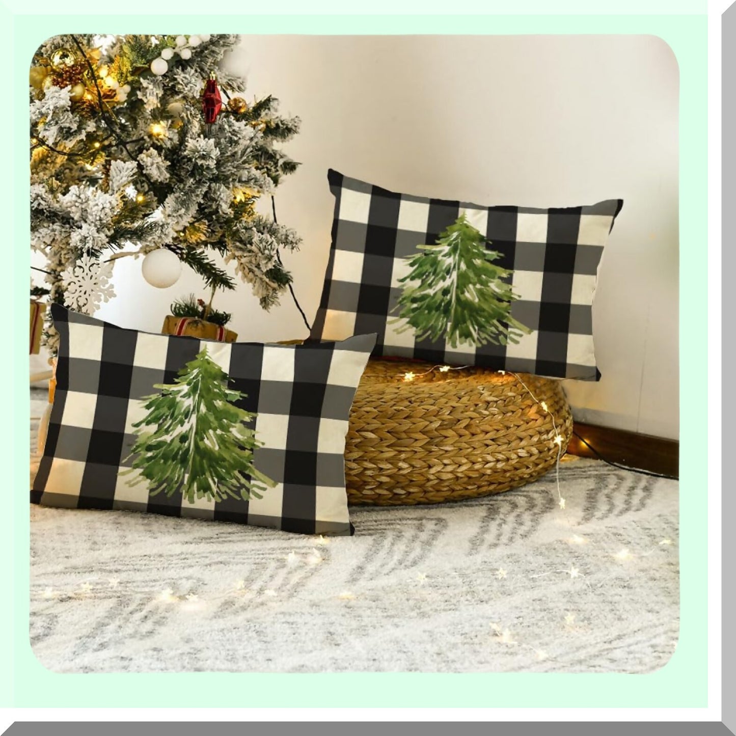 Winter Wonderland Buffalo Plaid Lumbar Pillow Covers - Set of 2 | Farmhouse Holiday Decorative Cushion Cases | Black & White Tree Design for Couch or Sofa | 12x20 Inch Cozy Home Accessories