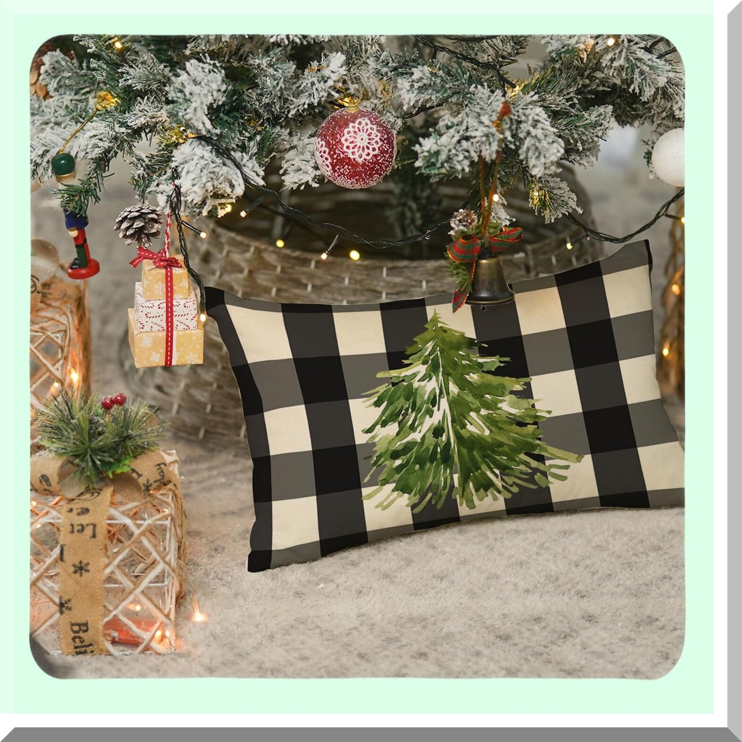 Winter Wonderland Buffalo Plaid Lumbar Pillow Covers - Set of 2 | Farmhouse Holiday Decorative Cushion Cases | Black & White Tree Design for Couch or Sofa | 12x20 Inch Cozy Home Accessories