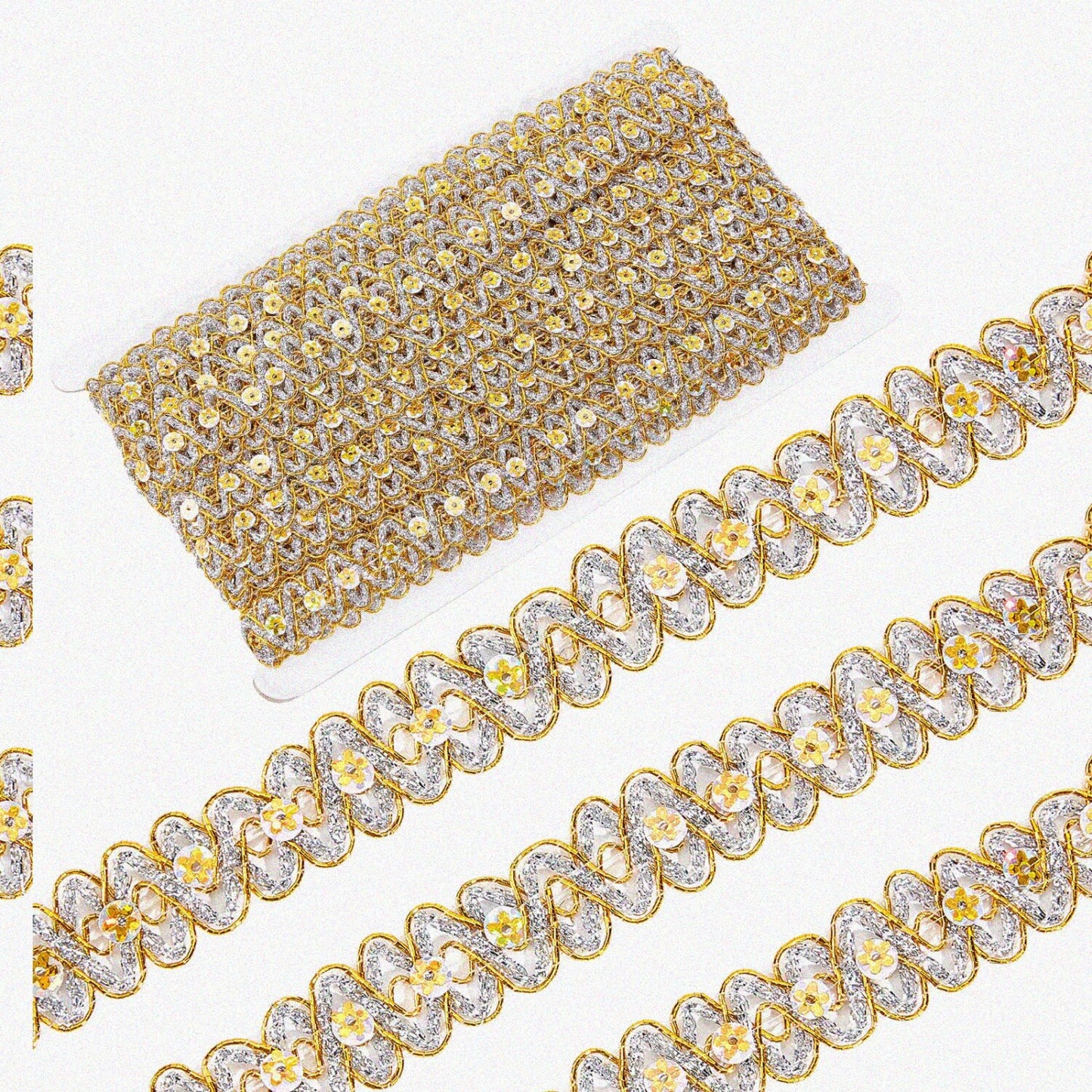 14.2Yds Gold Sequin Lace Fabric Trim 3/4" Waved Paillette