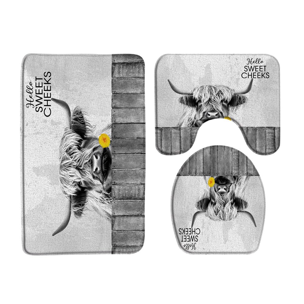 Farmhouse Highland Cow Bathroom Rug Set of 3