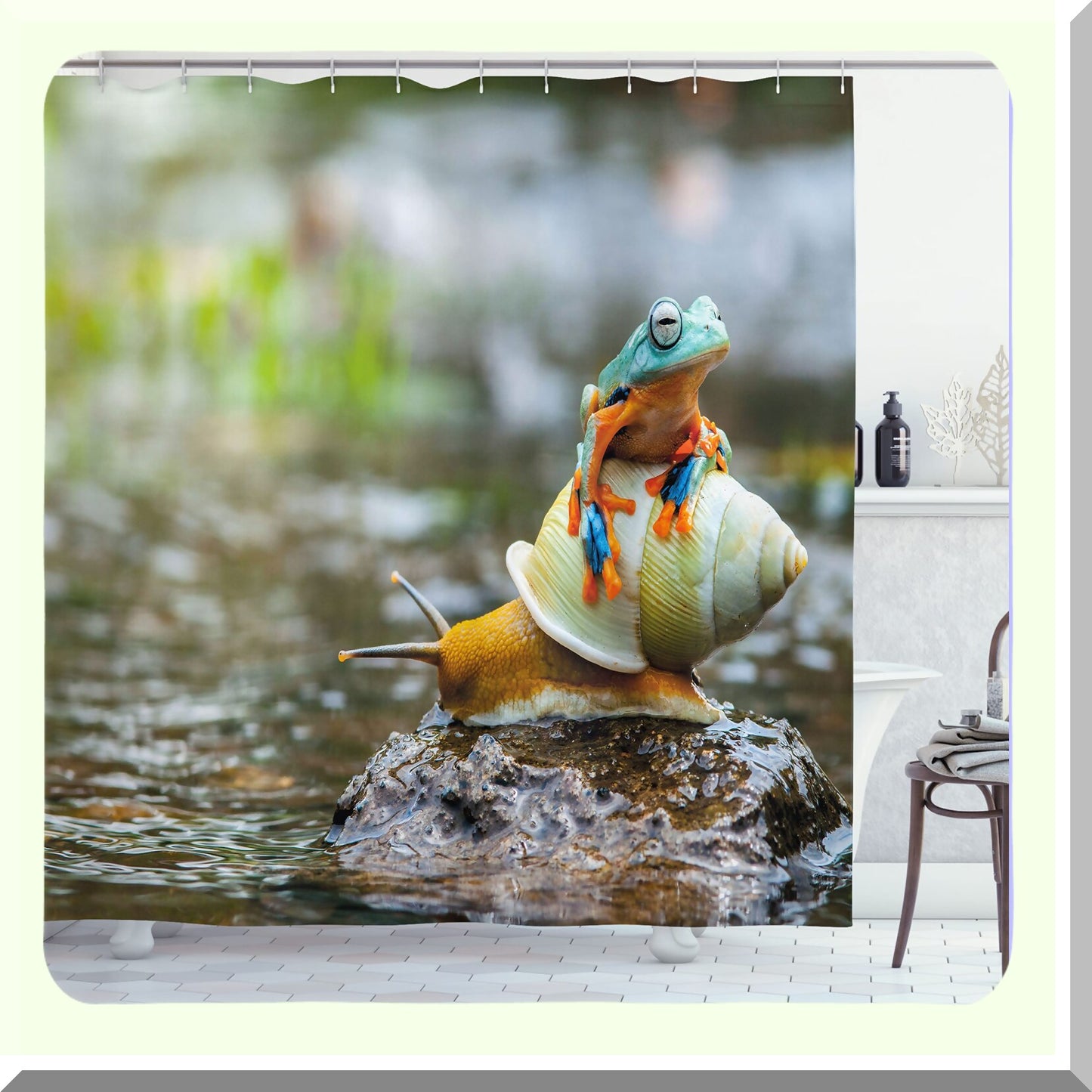 Colorful Frog Snail Riverscape Shower Curtain 69x70 inches