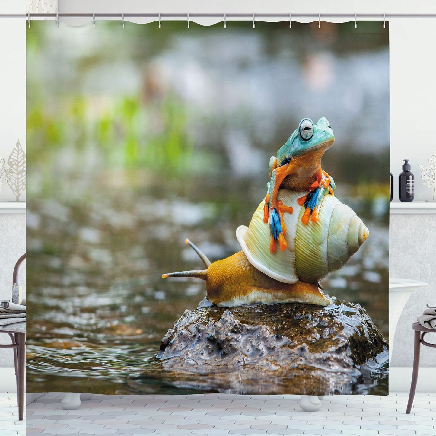 Colorful Frog Snail Riverscape Shower Curtain 69x70 inches