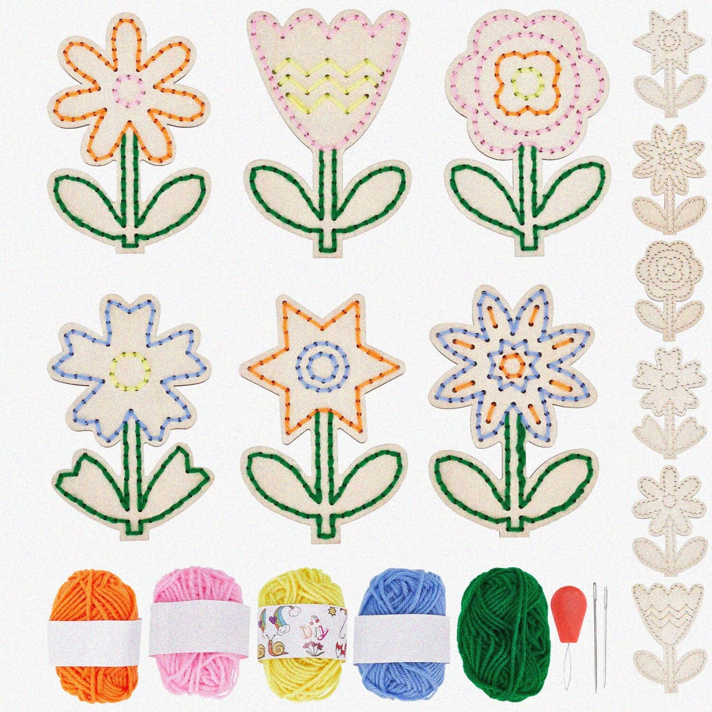 6-Piece Wooden Flower Sewing Kit with Needles and Yarn