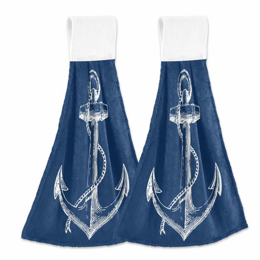 Nautical Anchor Hand Towels Set of 2 Navy