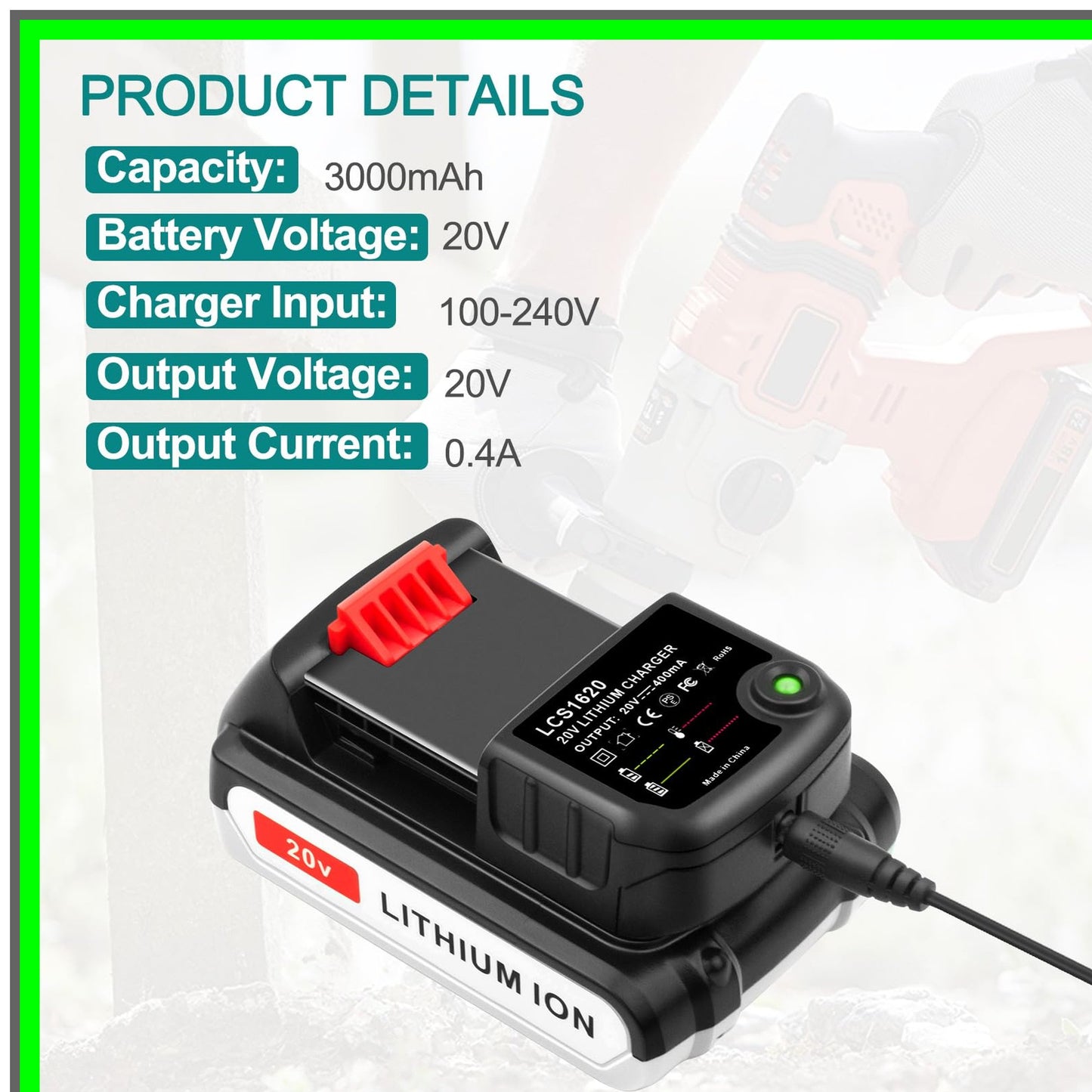 20V Lithium Ion Battery and Charger Set for Black+Decker MAX Tools