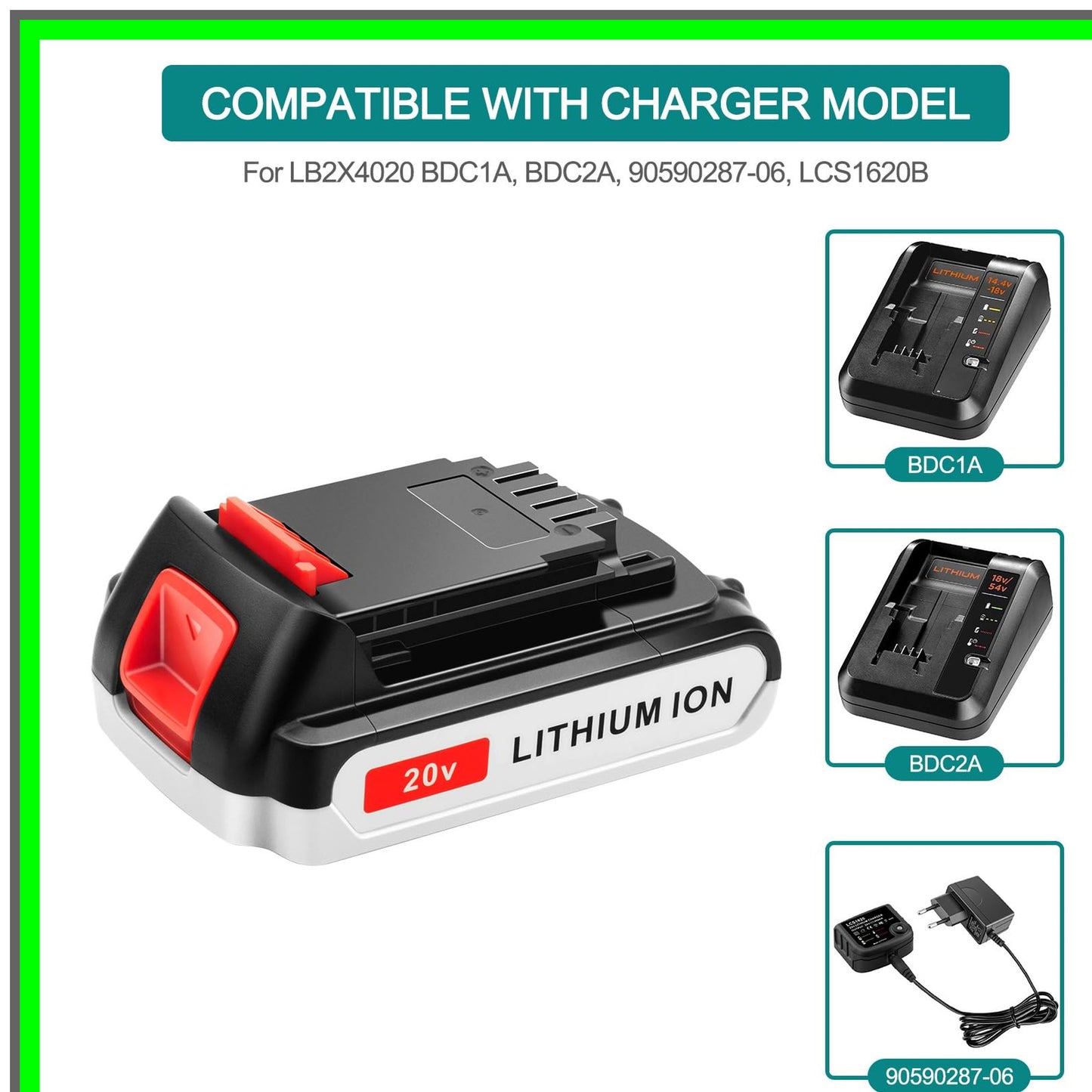 20V Lithium Ion Battery and Charger Set for Black+Decker MAX Tools