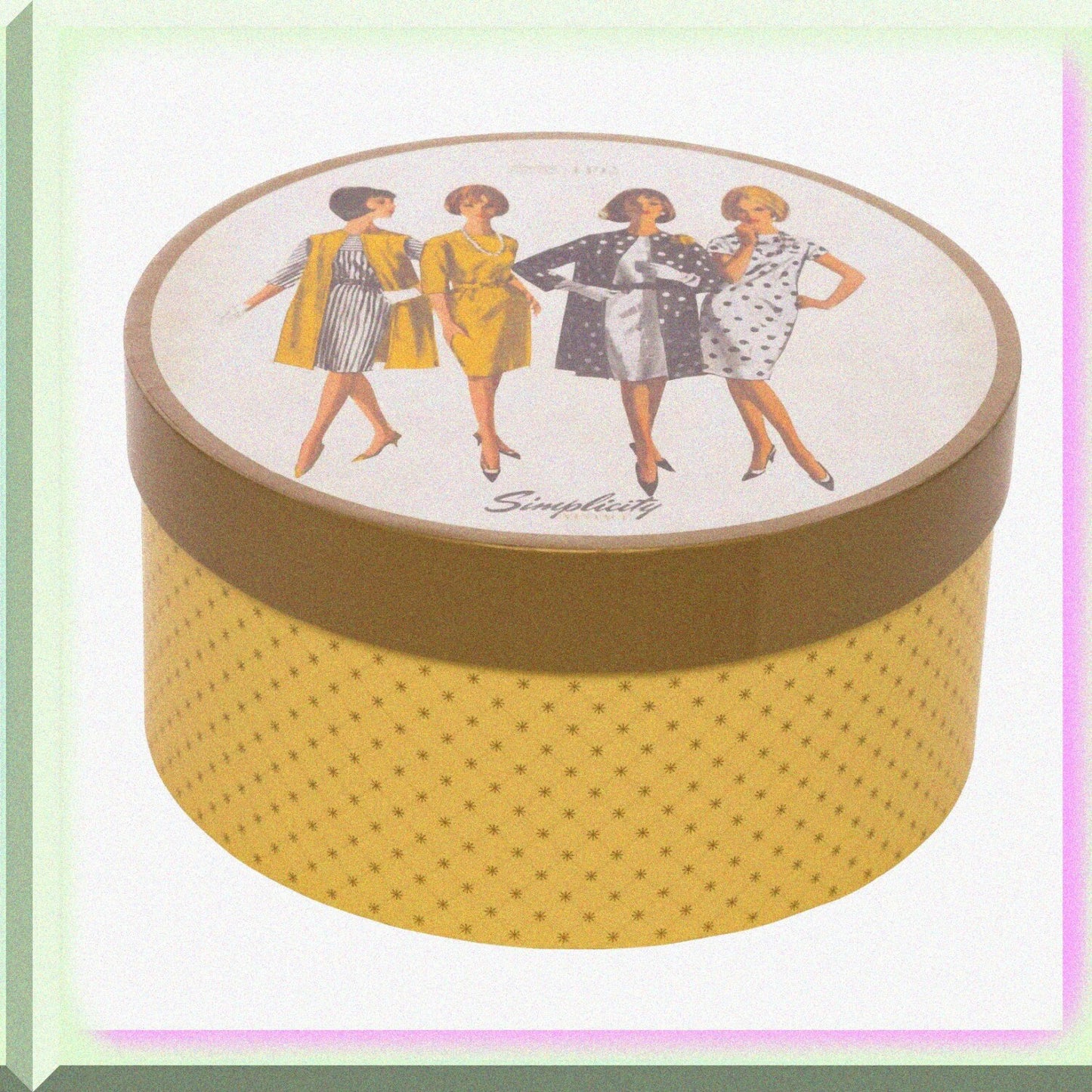 Round Sewing Storage Box, 7.25" White with Yellow Lattice