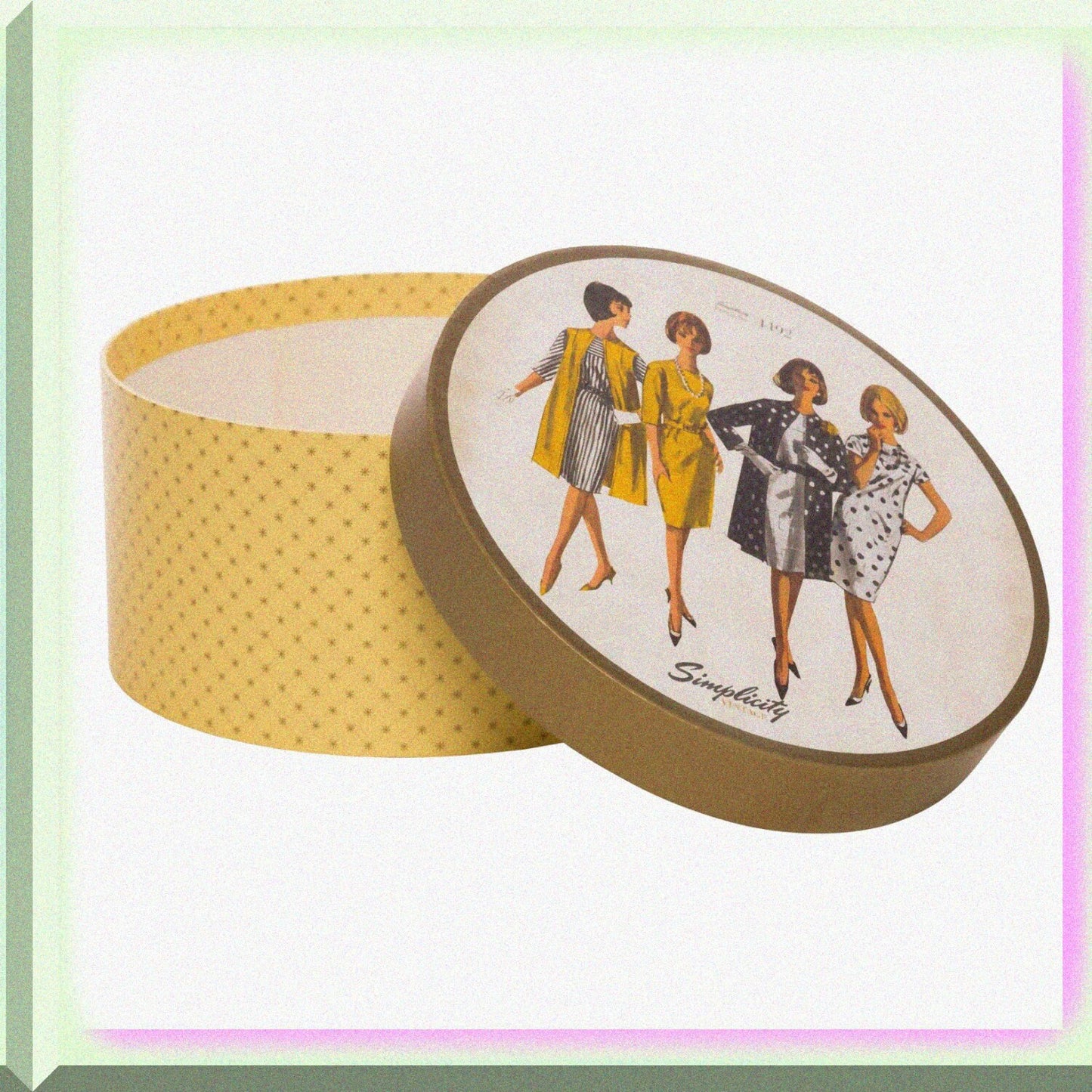 Round Sewing Storage Box, 7.25" White with Yellow Lattice