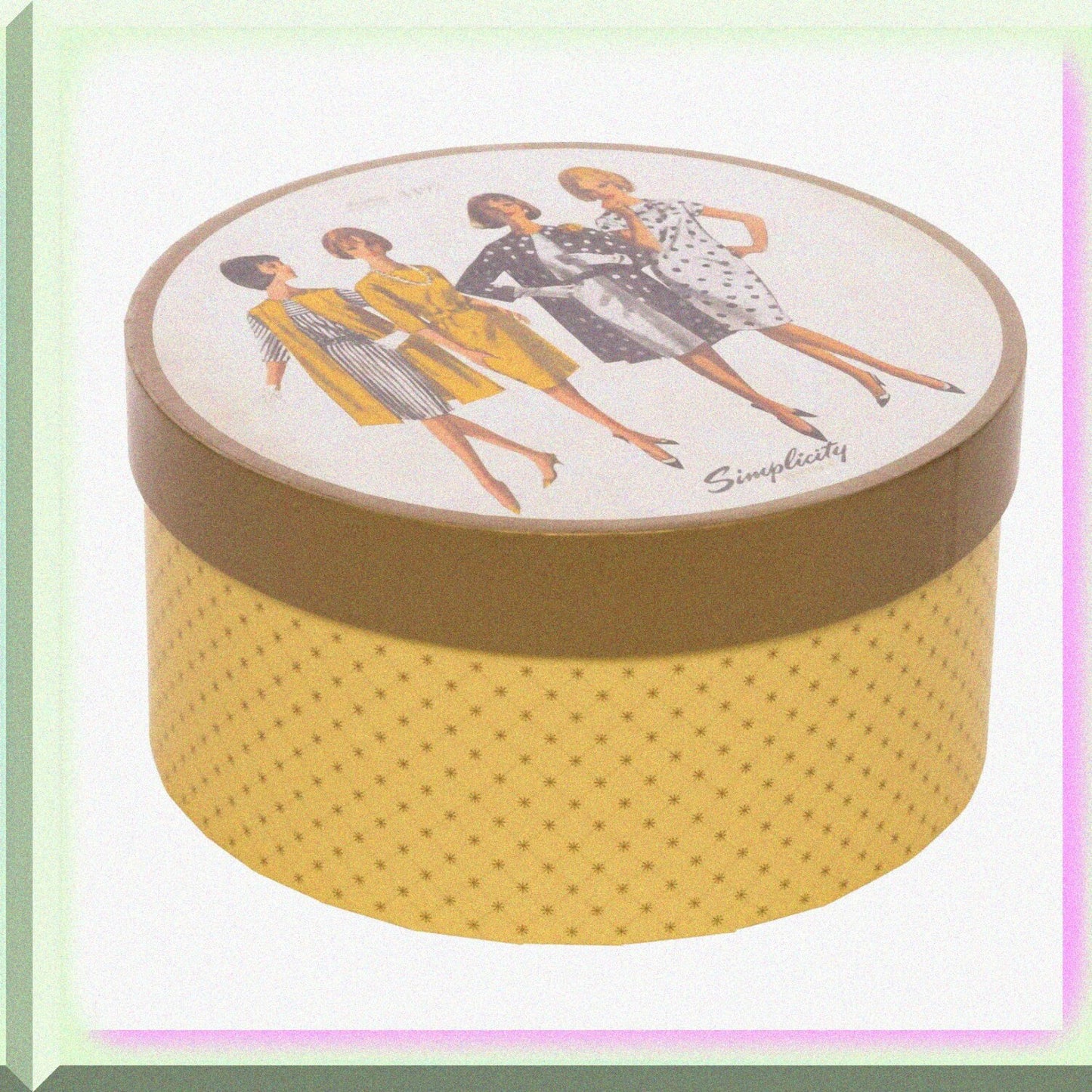 Round Sewing Storage Box, 7.25" White with Yellow Lattice