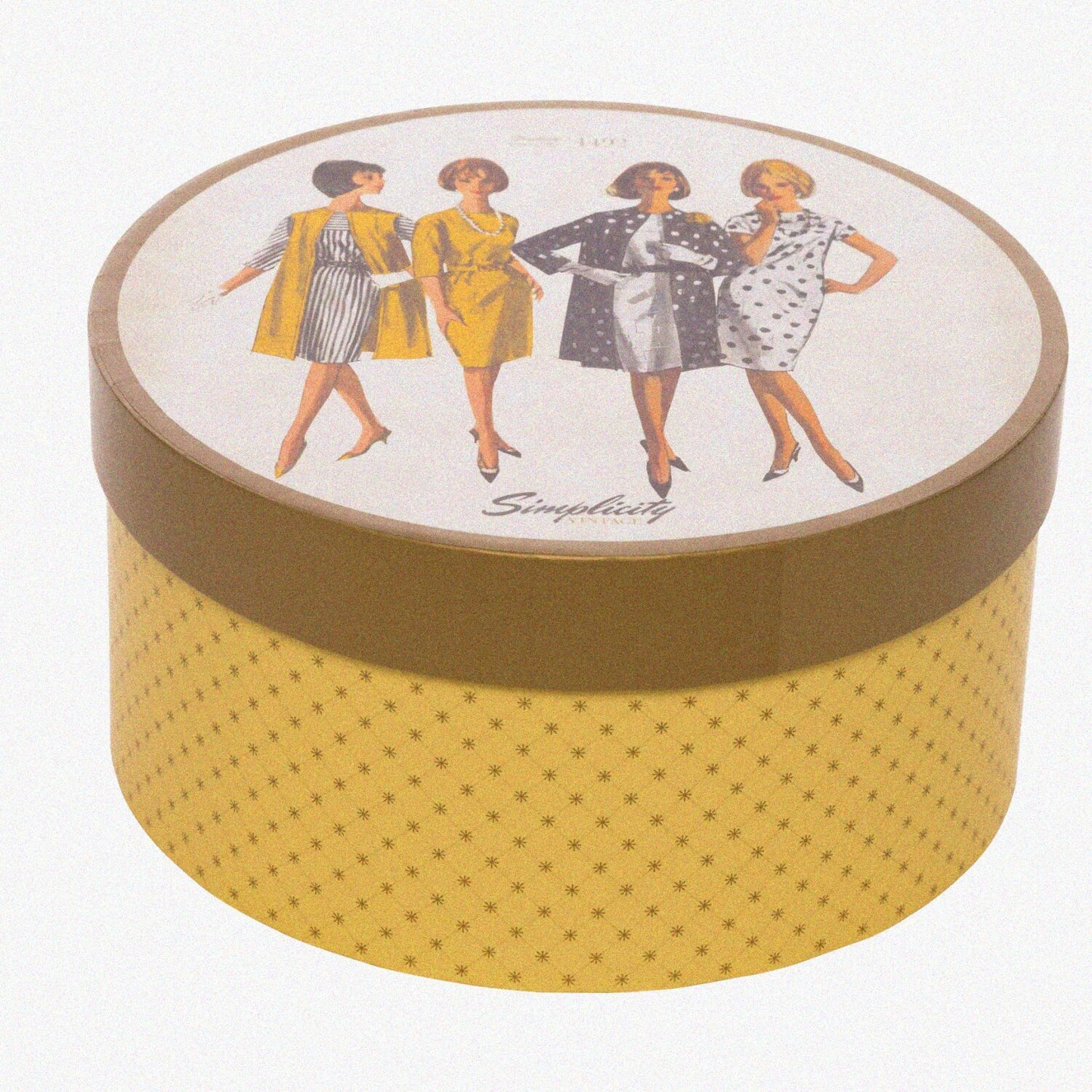Round Sewing Storage Box, 7.25" White with Yellow Lattice