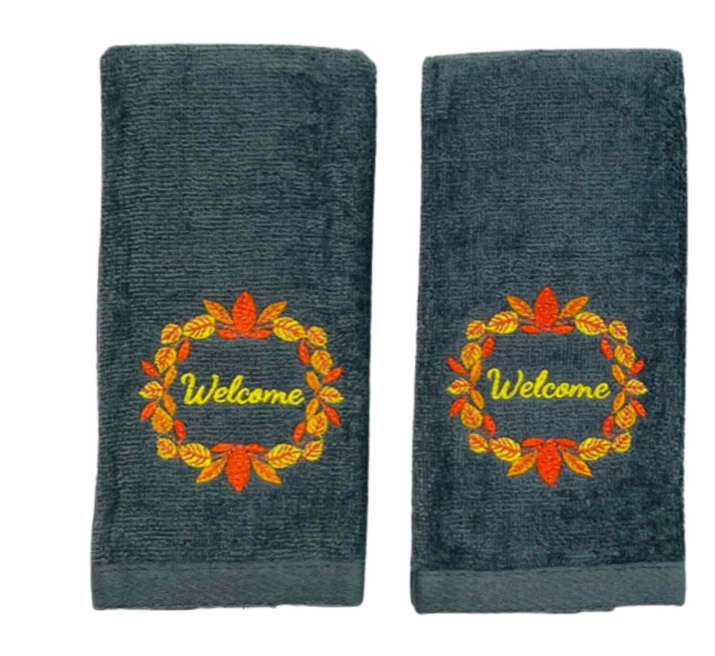 Fall Harvest Hand Towels Set of 2 12x18 Cotton Grey Orange