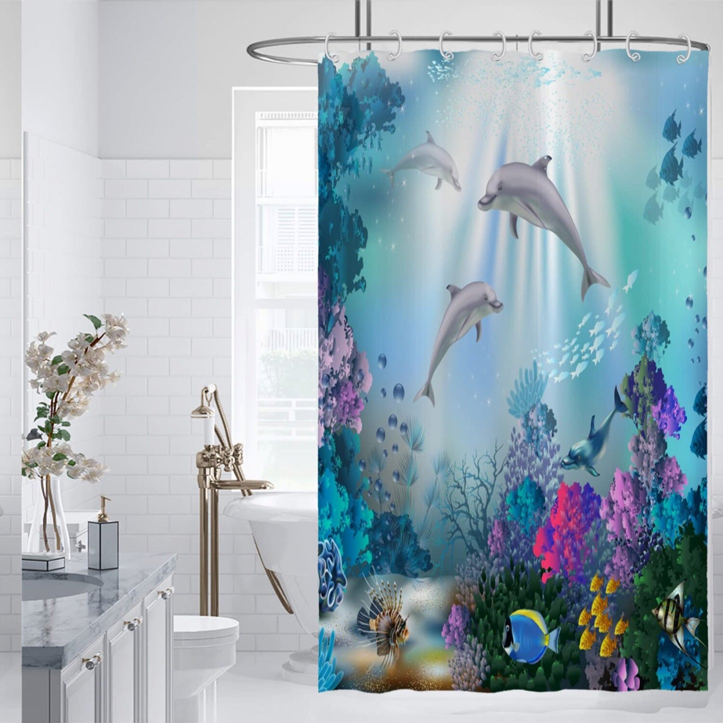 Dolphin Underwater Animals Shower Curtain 48x72in