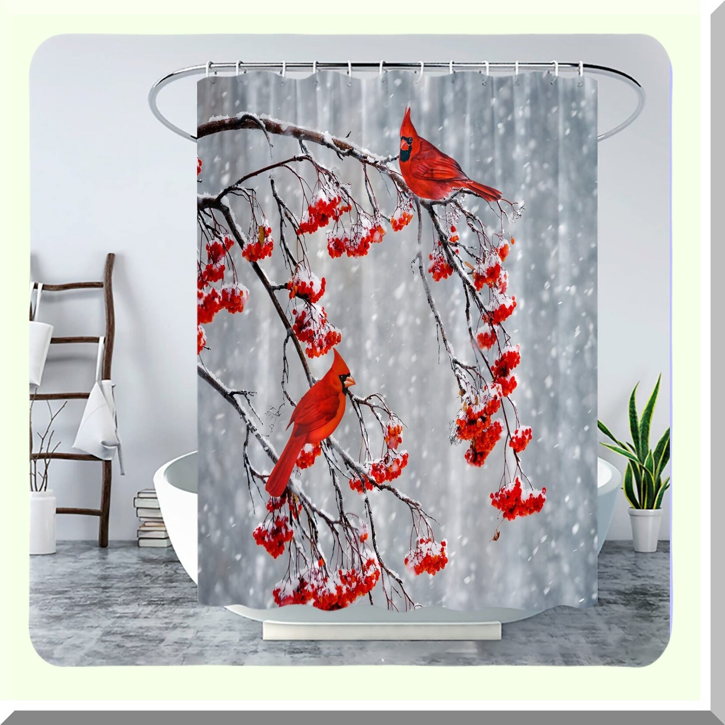 Winter Shower Curtain Red Birds Berry Snow Scene
