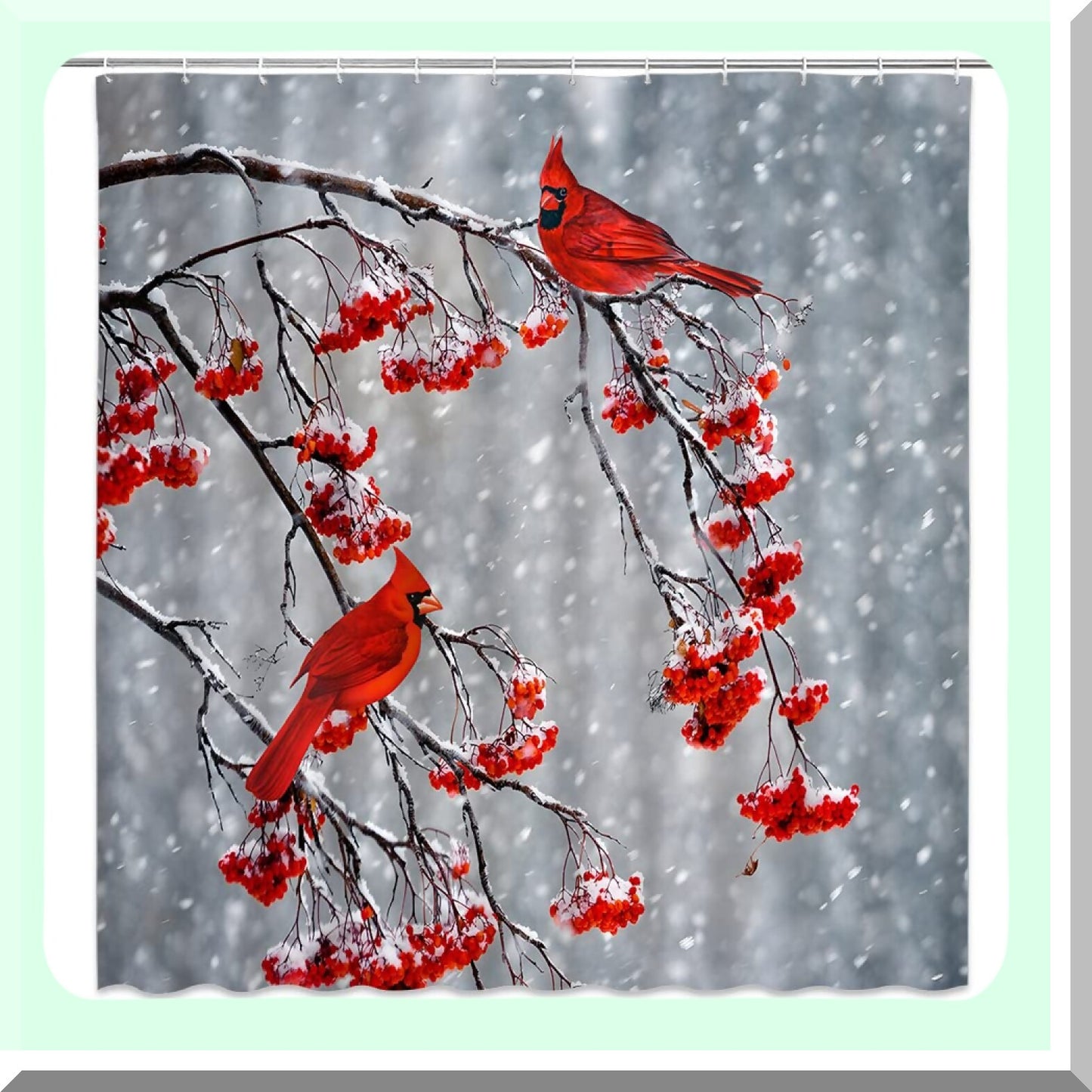 Winter Shower Curtain Red Birds Berry Snow Scene