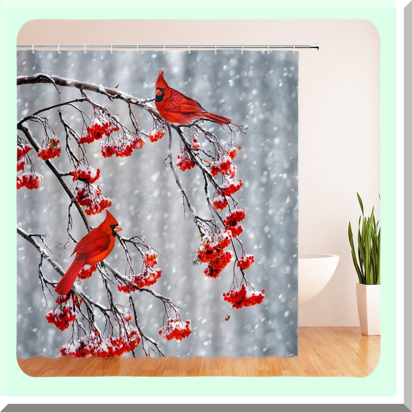Winter Shower Curtain Red Birds Berry Snow Scene