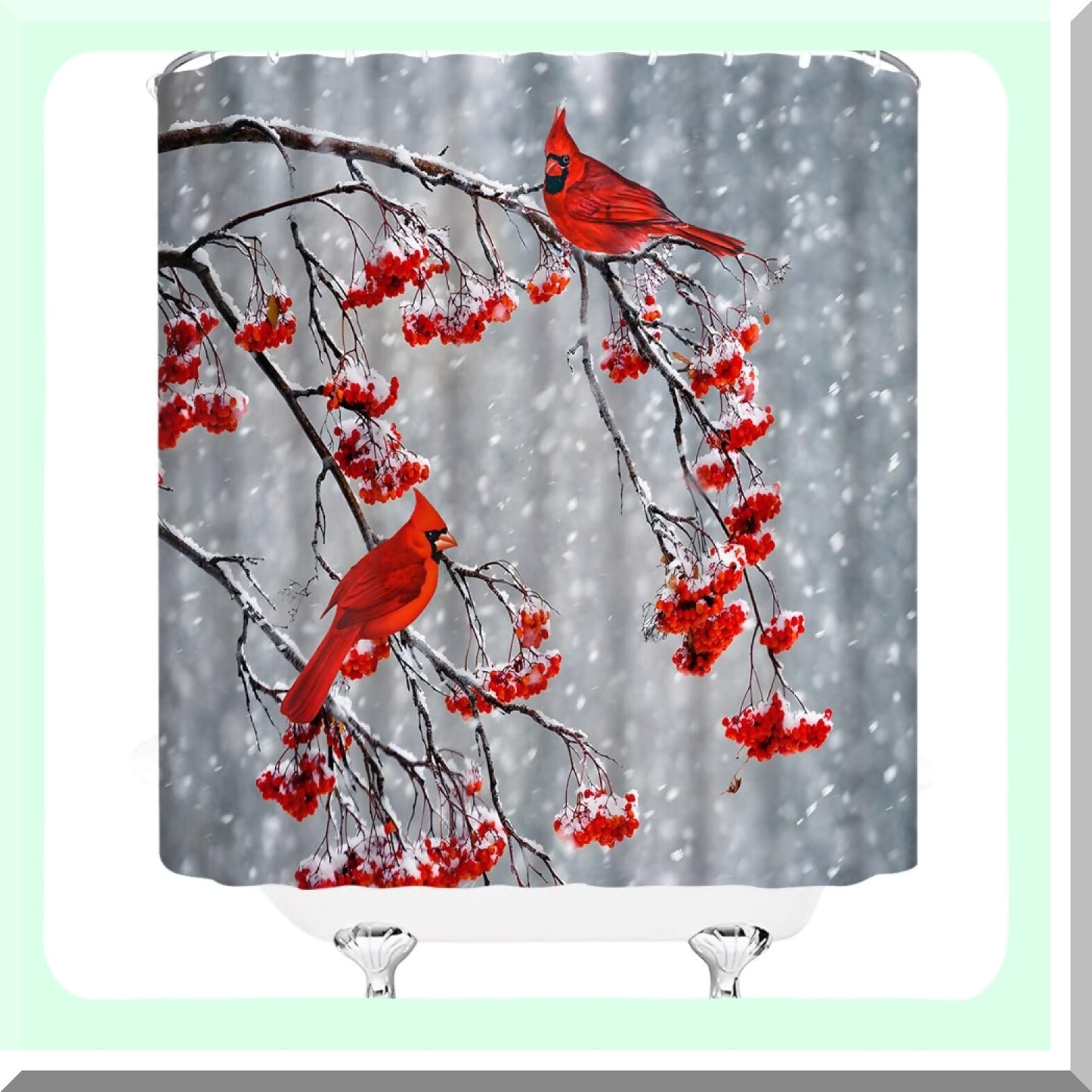 Winter Shower Curtain Red Birds Berry Snow Scene