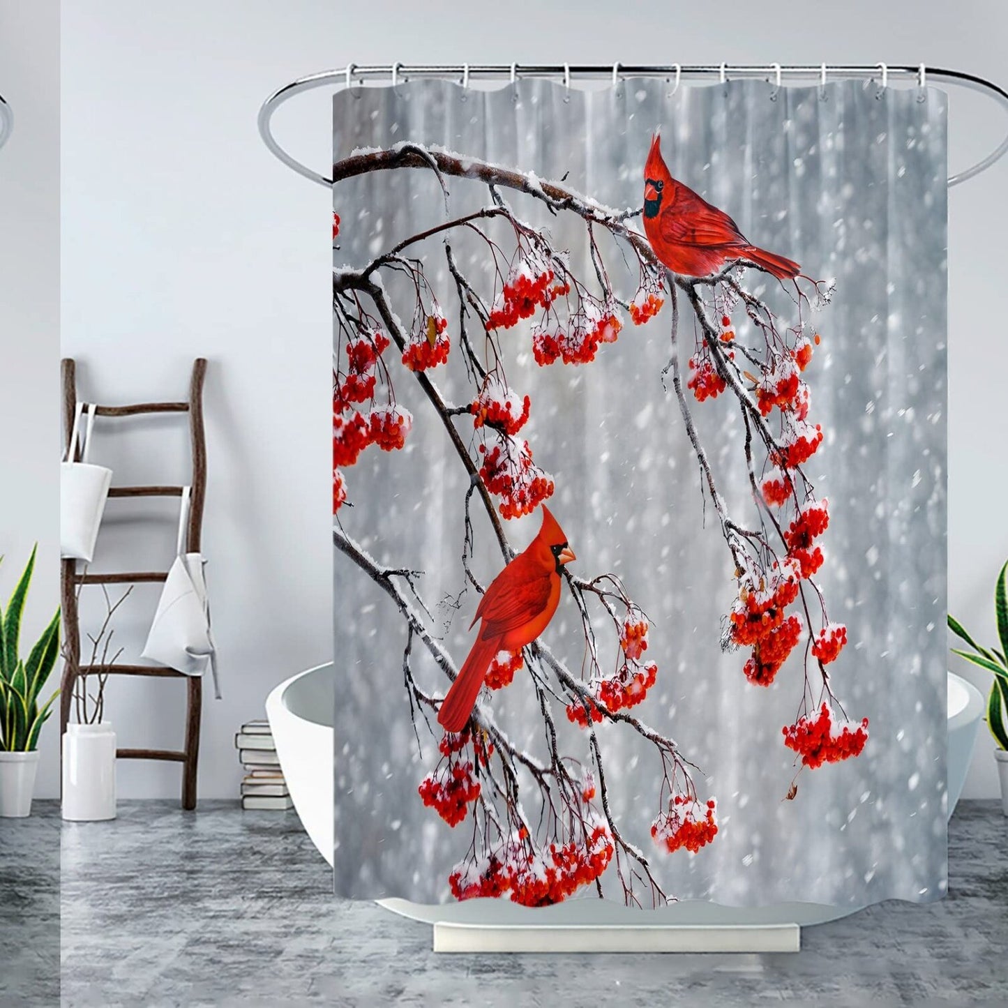 Winter Shower Curtain Red Birds Berry Snow Scene
