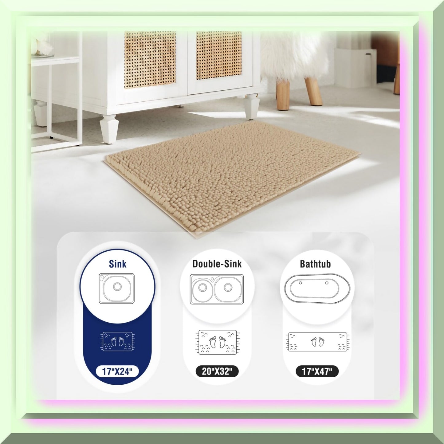 Soft Fluffy Chenille Bathroom Rug 17" x 24" Khaki