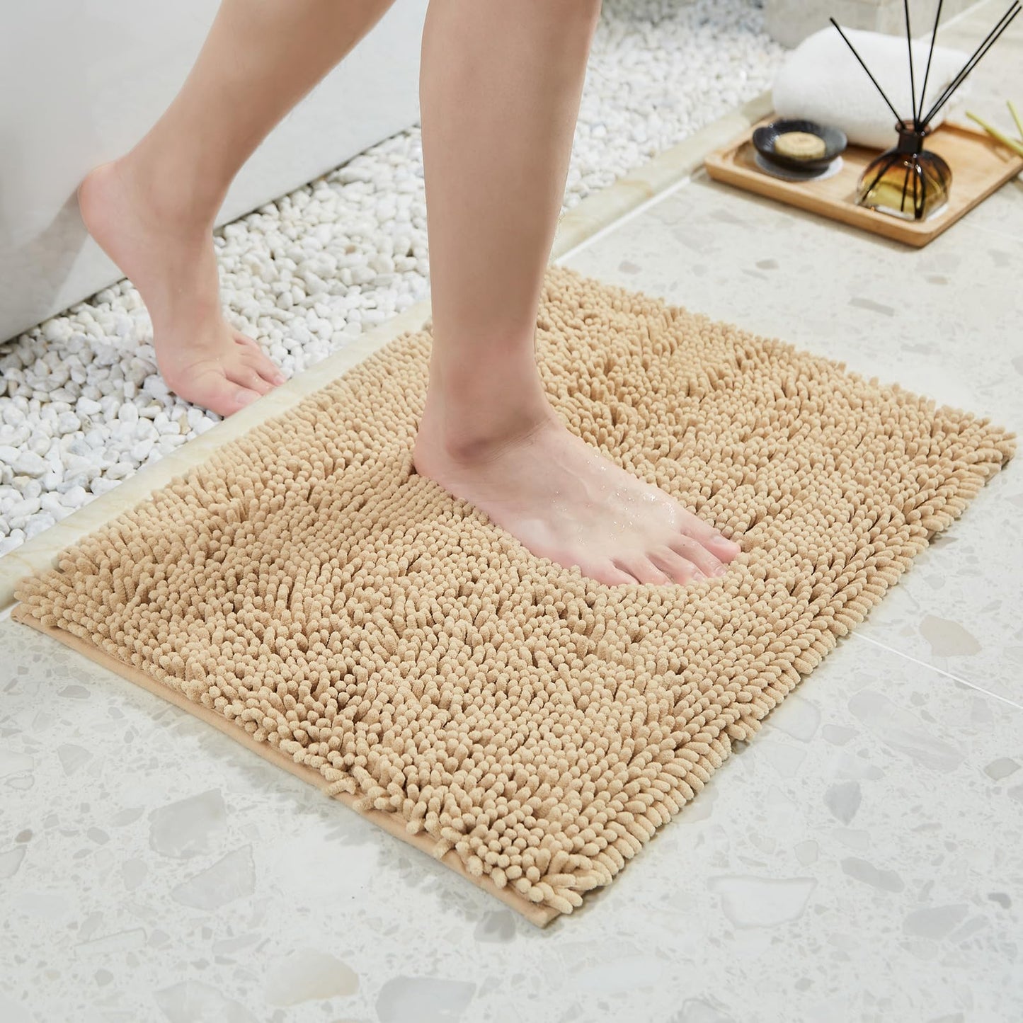 Soft Fluffy Chenille Bathroom Rug 17" x 24" Khaki