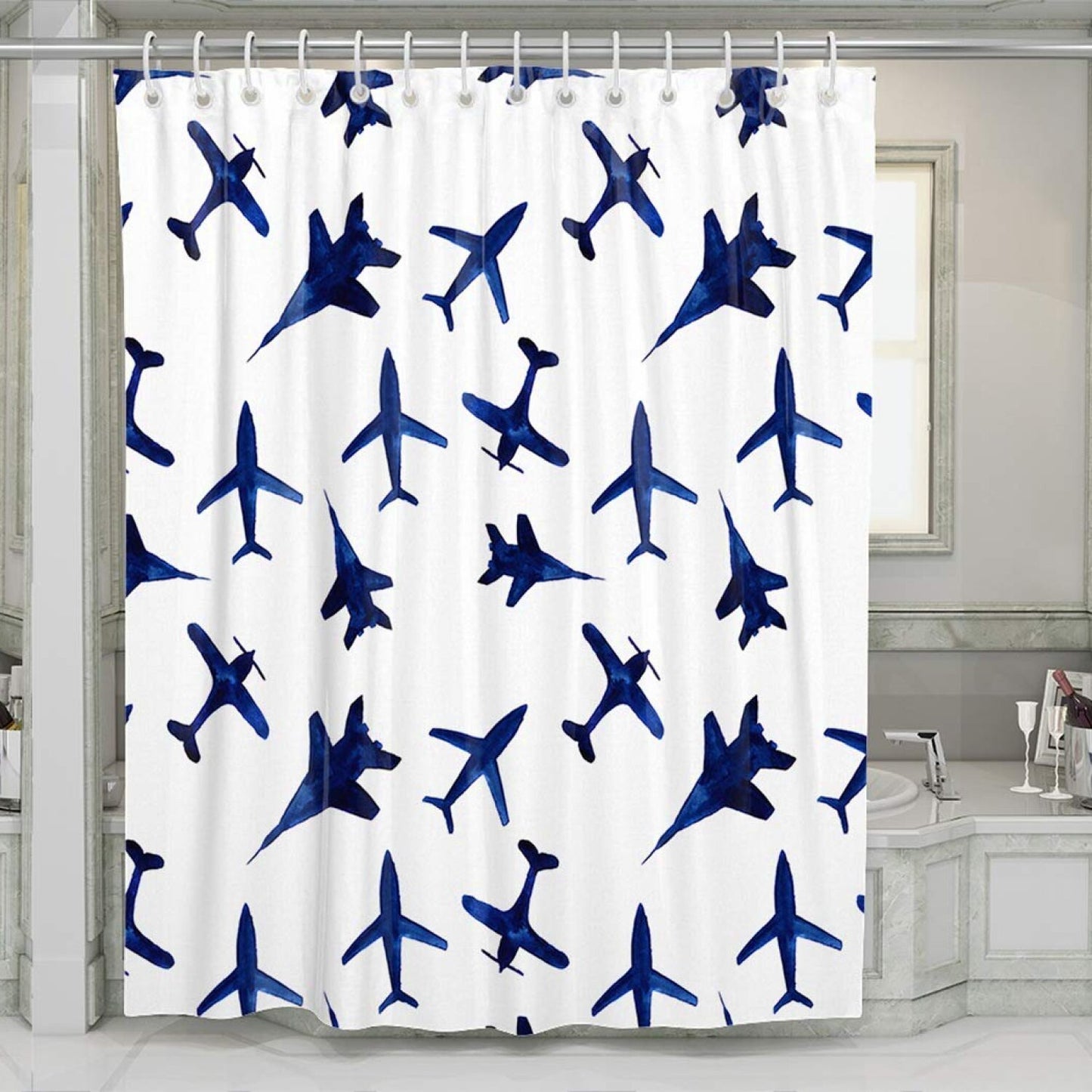 Watercolor Blue Airplanes Shower Curtain 66x72 Inches