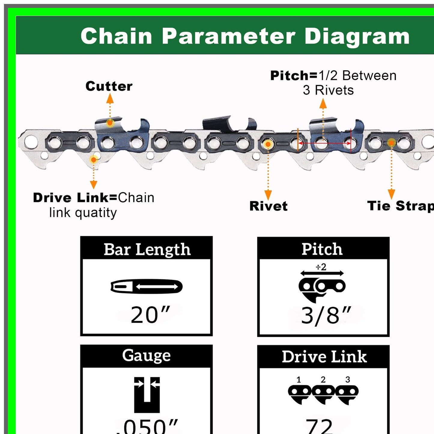 3-Pack E72 Chainsaw Chain 20 Inch Low Kickback for Husqvarna and Stihl